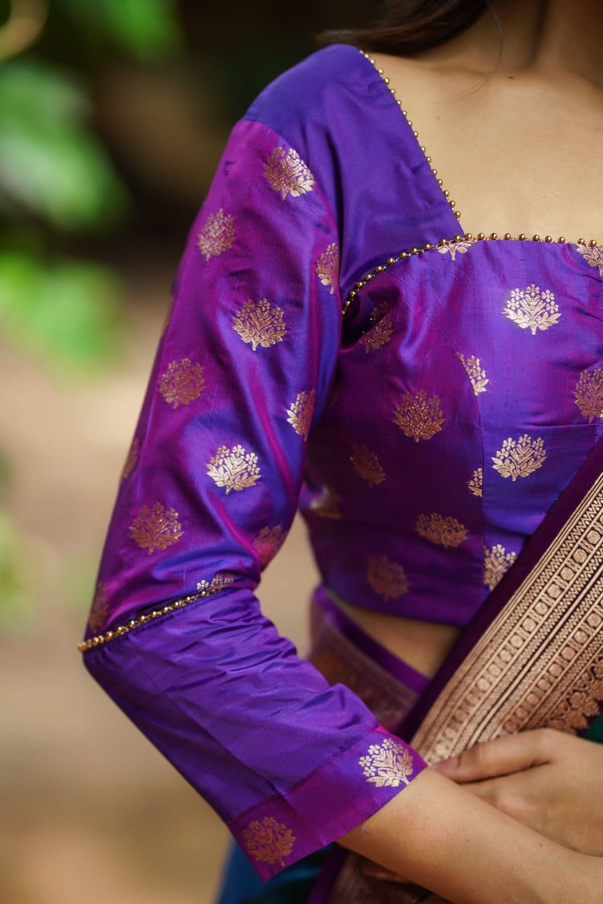 Violet pure silk two fabric square neck blouse, Made to Order | Shobitam