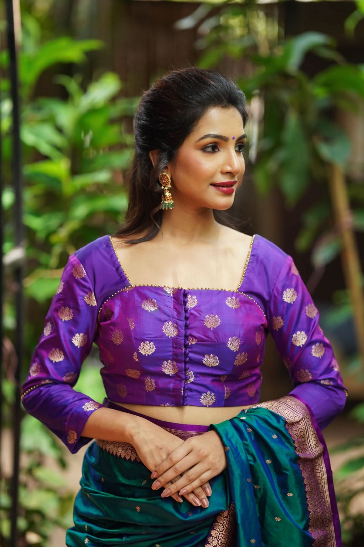 Violet pure silk two fabric square neck blouse, Made to Order | Shobitam