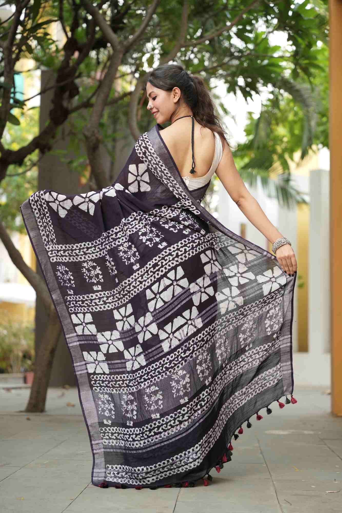 Traditional Jaipuri Print Linen Cotton Ready to wear Saree