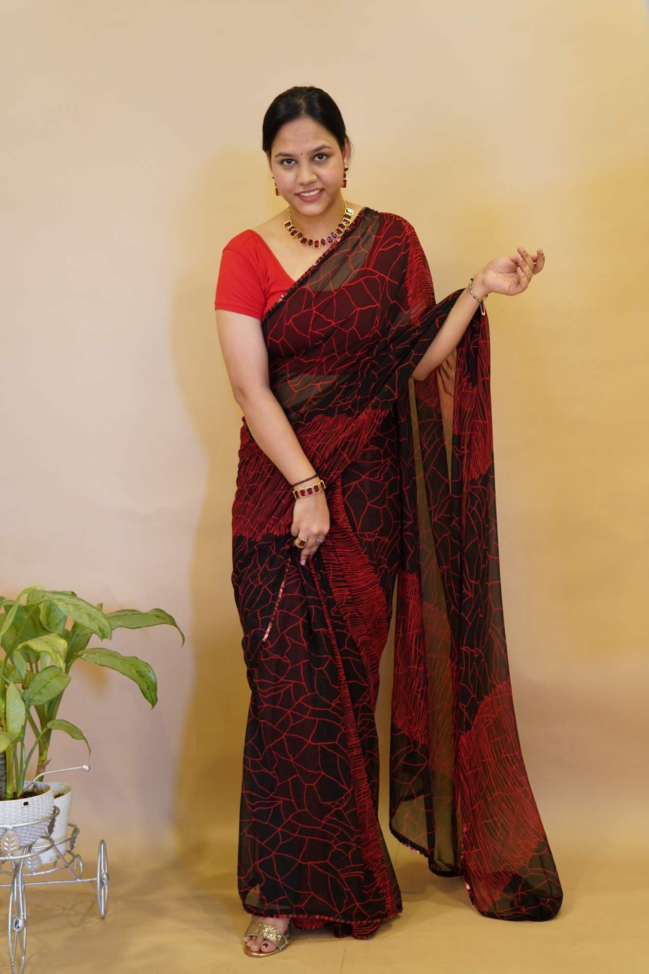 Ready to wear Chevron Printed Georgette  with Sequence Lace Wrap In One Minute Saree