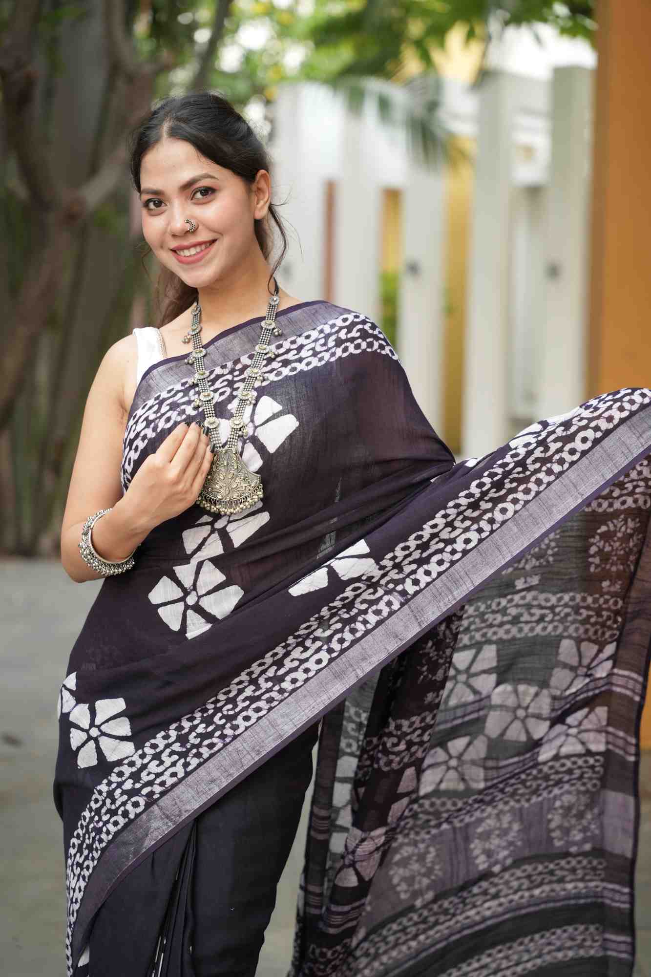Traditional Jaipuri Print Linen Cotton Ready to wear Saree