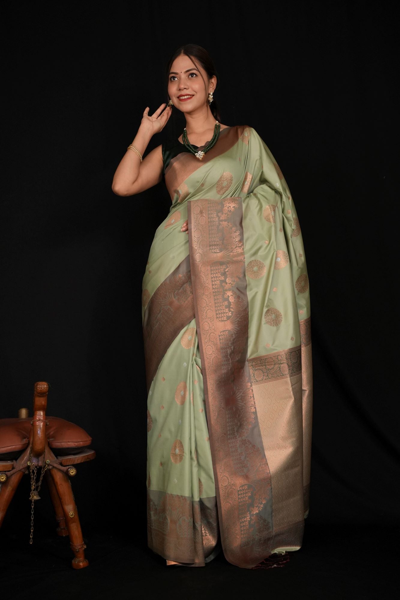 Semi Silk Saree with Alfi Zari Buttas and Copper Zari Border Ready To Wear Saree