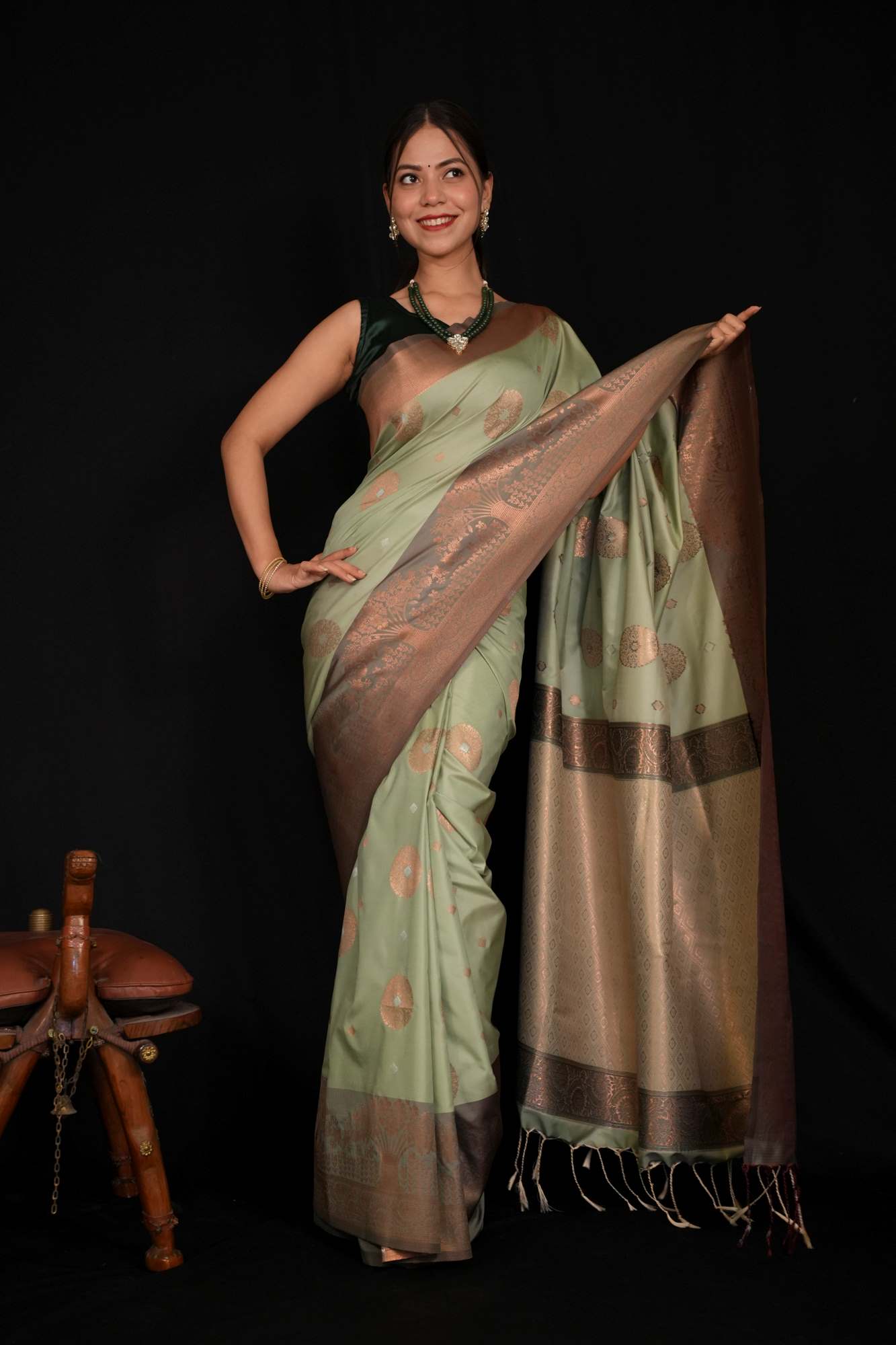 Semi Silk Saree with Alfi Zari Buttas and Copper Zari Border Ready To Wear Saree