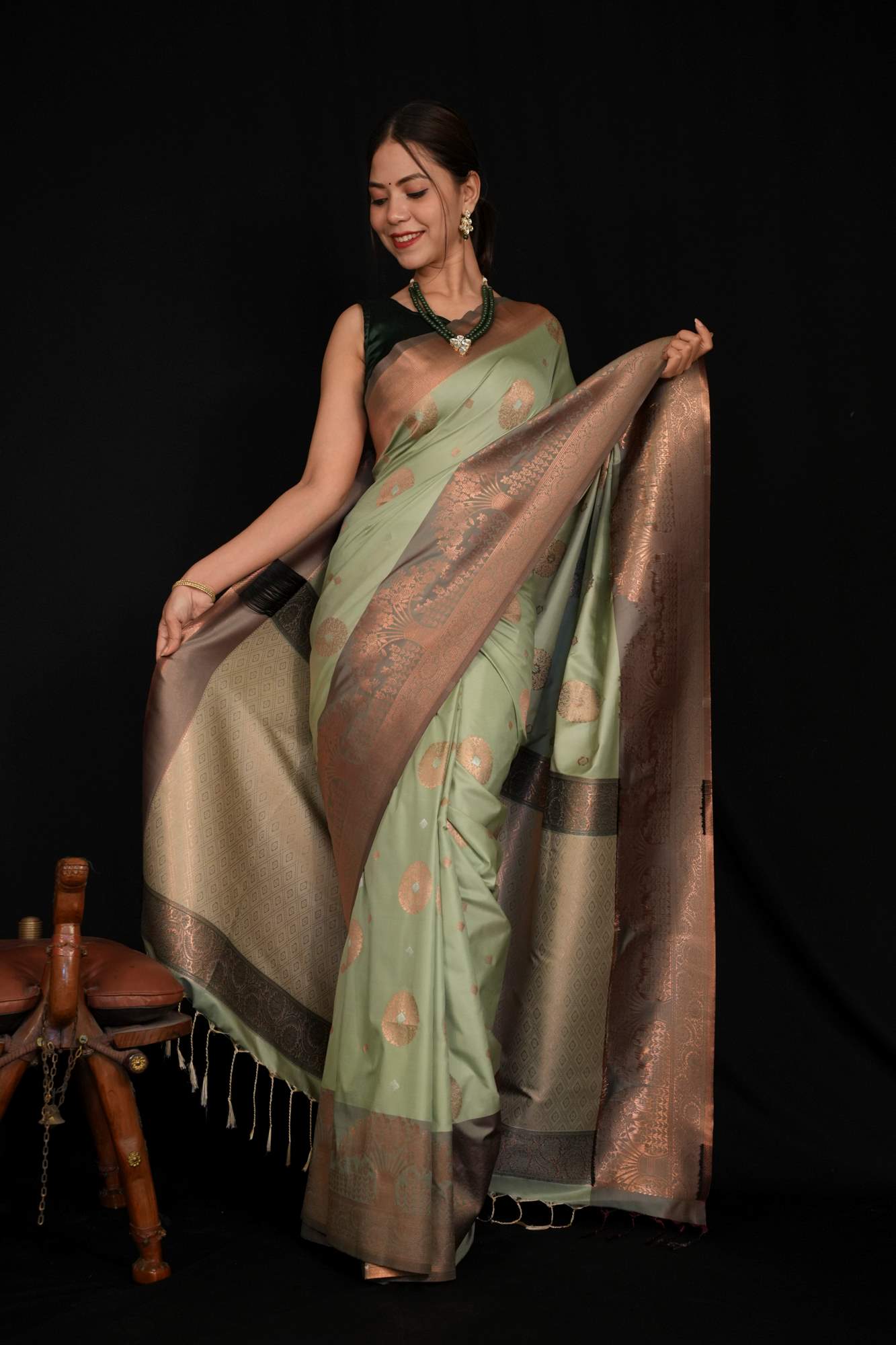 Semi Silk Saree with Alfi Zari Buttas and Copper Zari Border Ready To Wear Saree