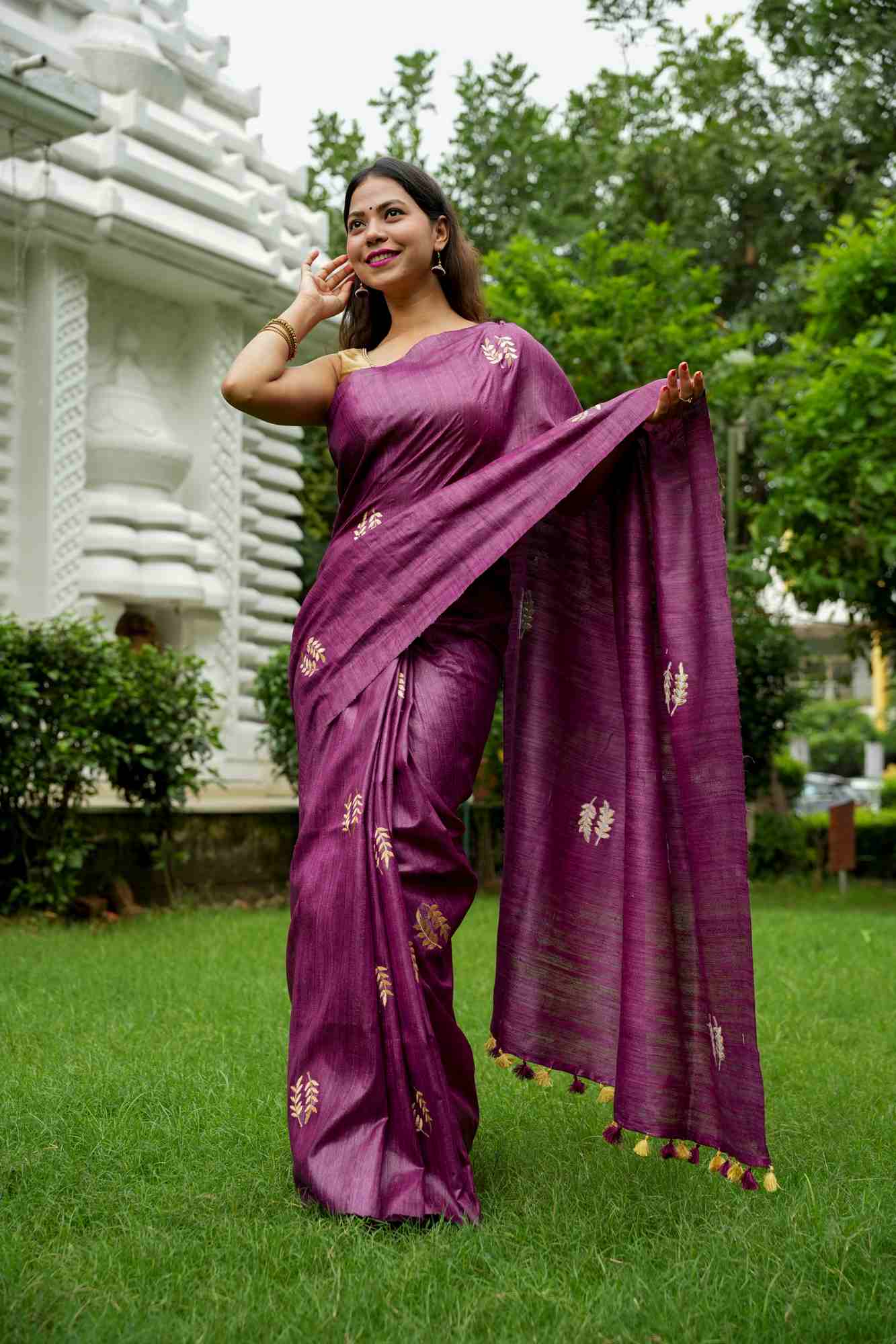 Pure Certified Tussar Silk with Hand Woven & Normal Dyed Embroidery Wrap in 1 Minute Saree
