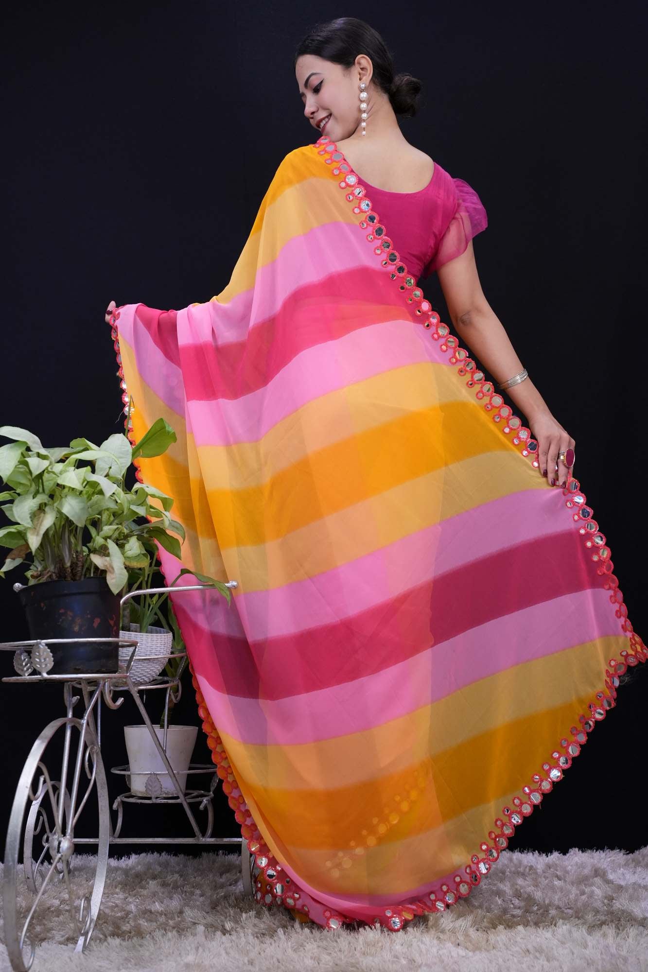 Stylish Yellow & Pink Leheriya Printed With Mirror Lace Border Wrap in 1 minute saree