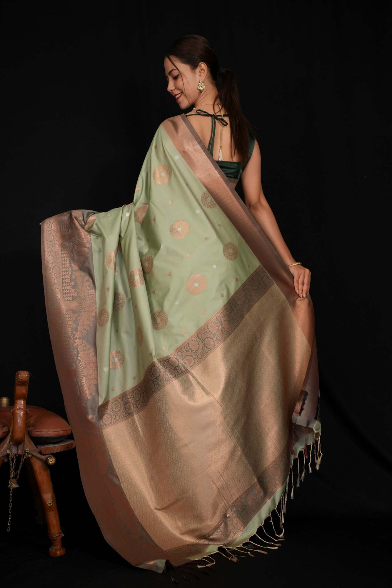 Semi Silk Saree with Alfi Zari Buttas and Copper Zari Border Ready To Wear Saree