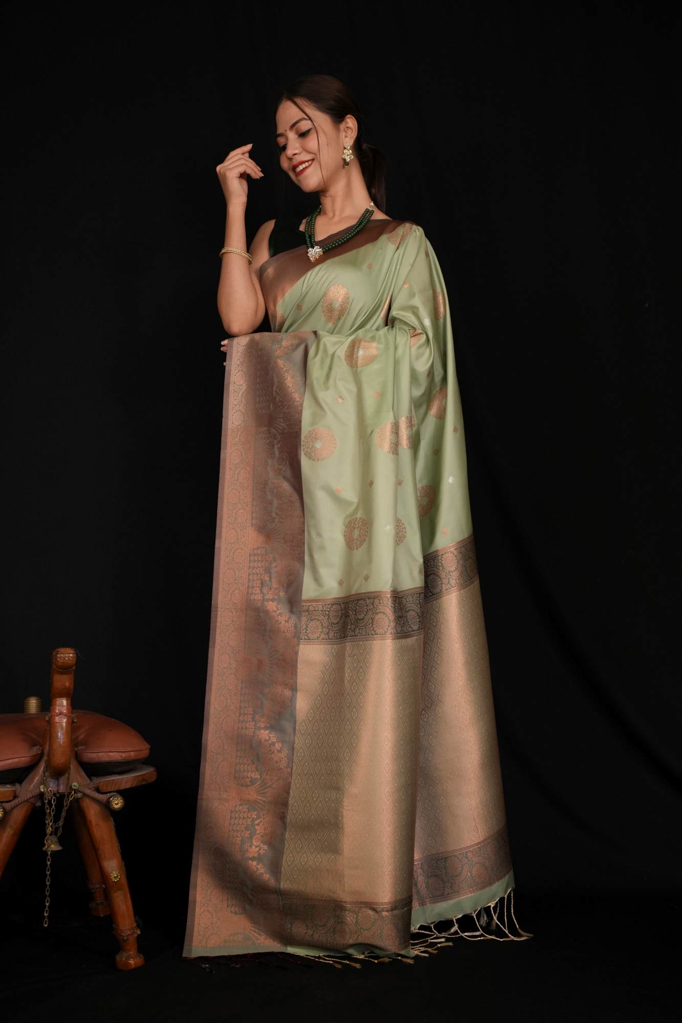 Semi Silk Saree with Alfi Zari Buttas and Copper Zari Border Ready To Wear Saree