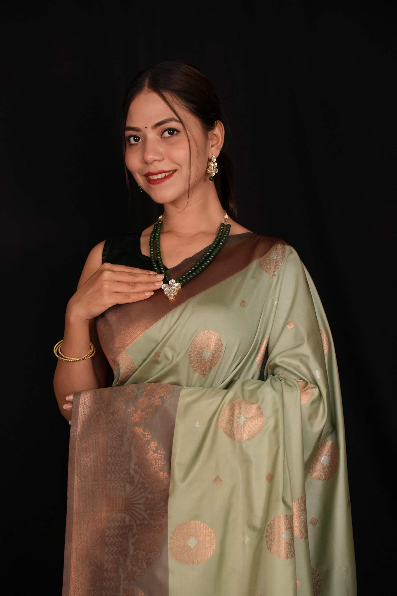 Semi Silk Saree with Alfi Zari Buttas and Copper Zari Border Ready To Wear Saree