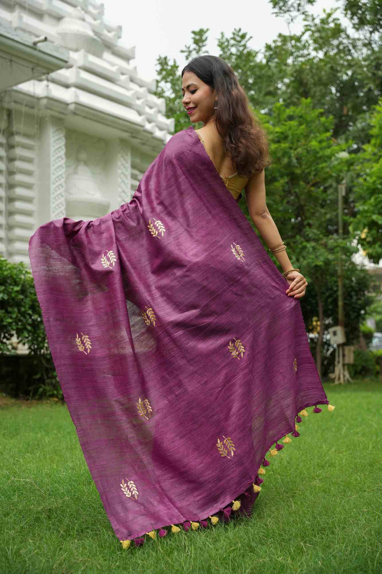 Pure Certified Tussar Silk with Hand Woven & Normal Dyed Embroidery Wrap in 1 Minute Saree