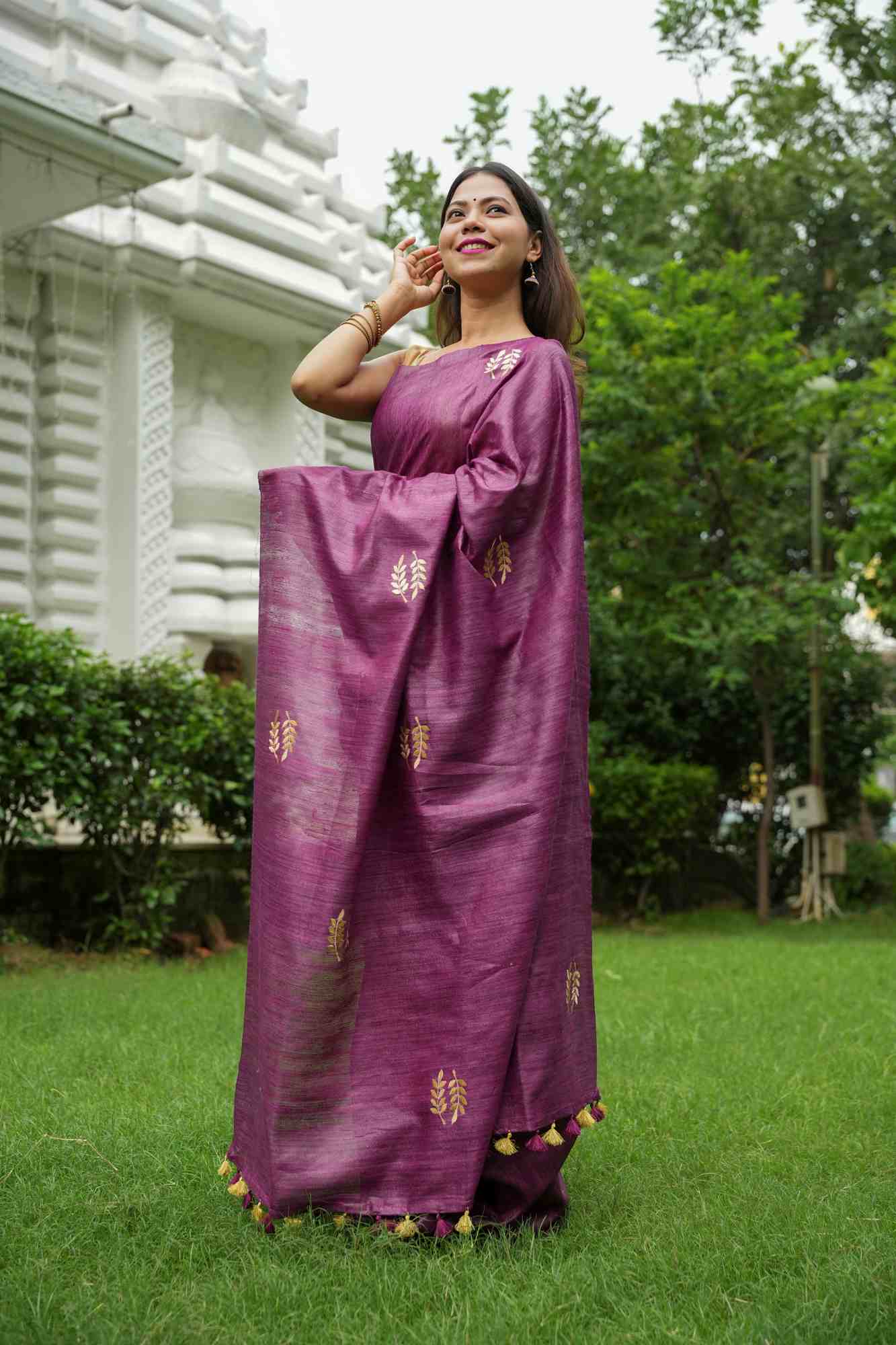 Pure Certified Tussar Silk with Hand Woven & Normal Dyed Embroidery Wrap in 1 Minute Saree