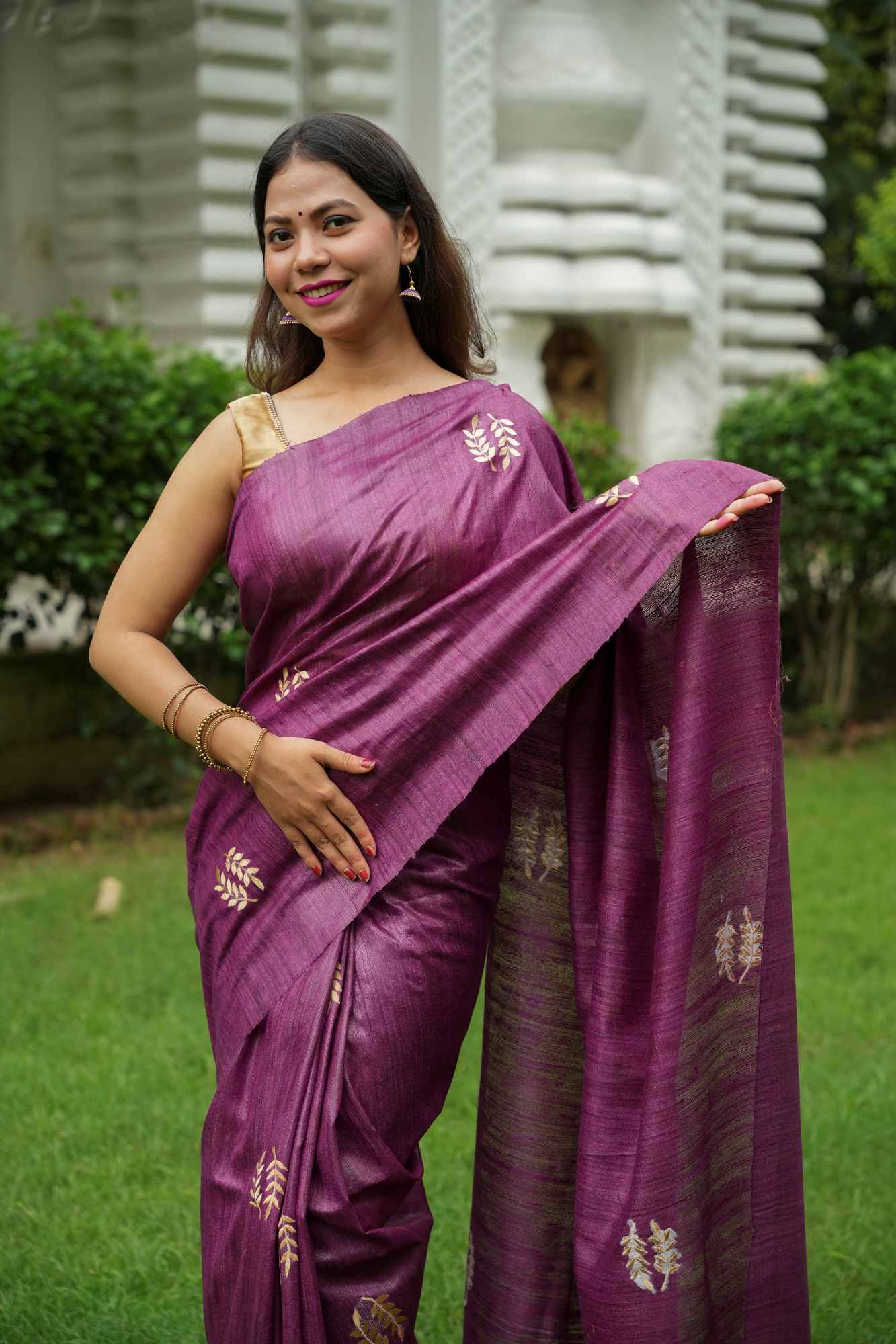 Pure Certified Tussar Silk with Hand Woven & Normal Dyed Embroidery Wrap in 1 Minute Saree