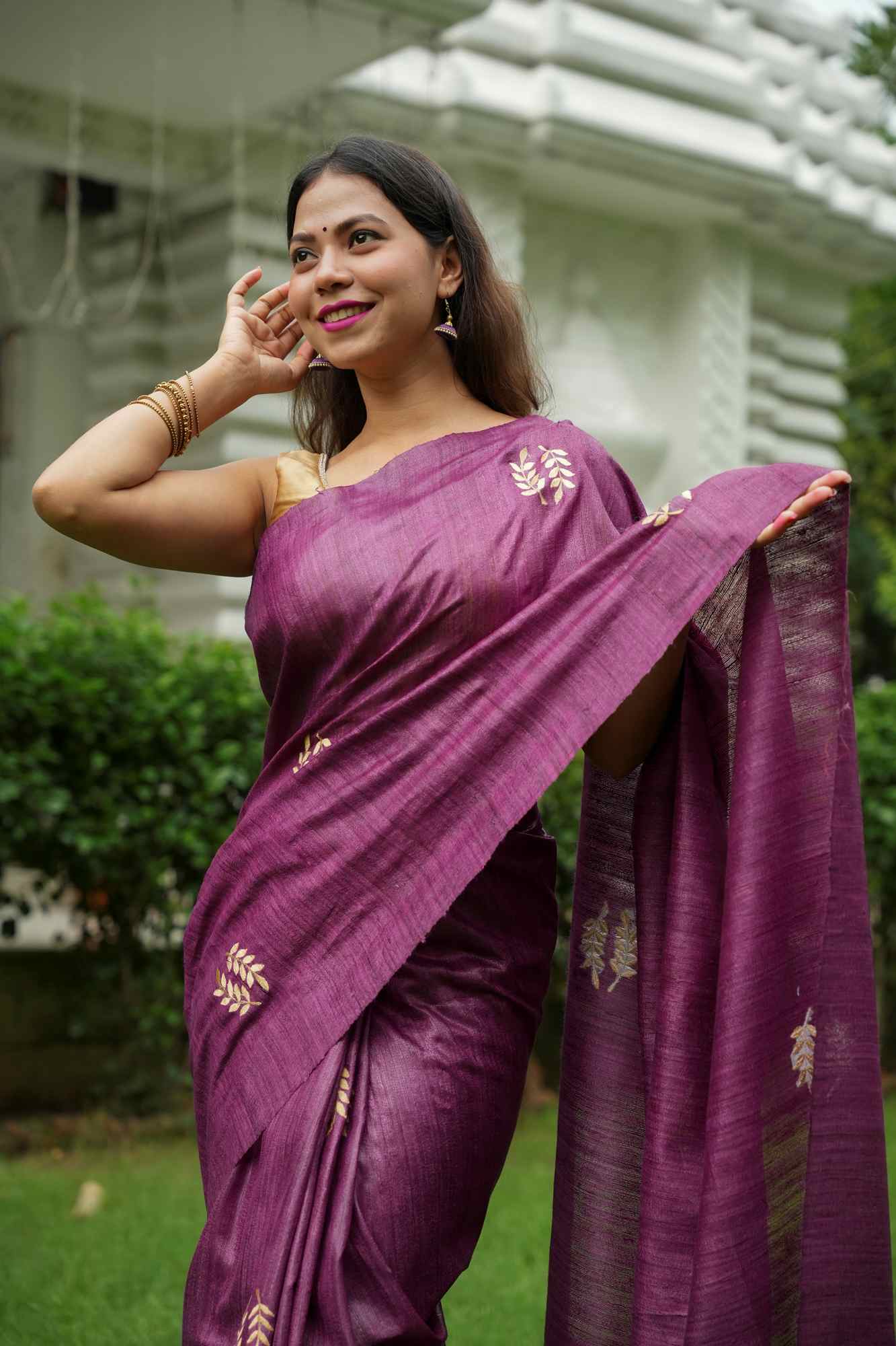 Pure Certified Tussar Silk with Hand Woven & Normal Dyed Embroidery Wrap in 1 Minute Saree