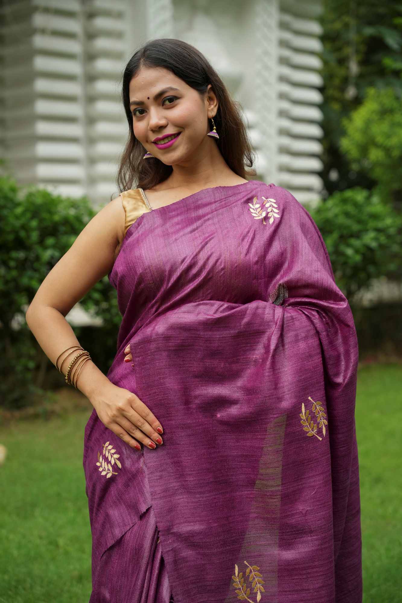 Pure Certified Tussar Silk with Hand Woven & Normal Dyed Embroidery Wrap in 1 Minute Saree