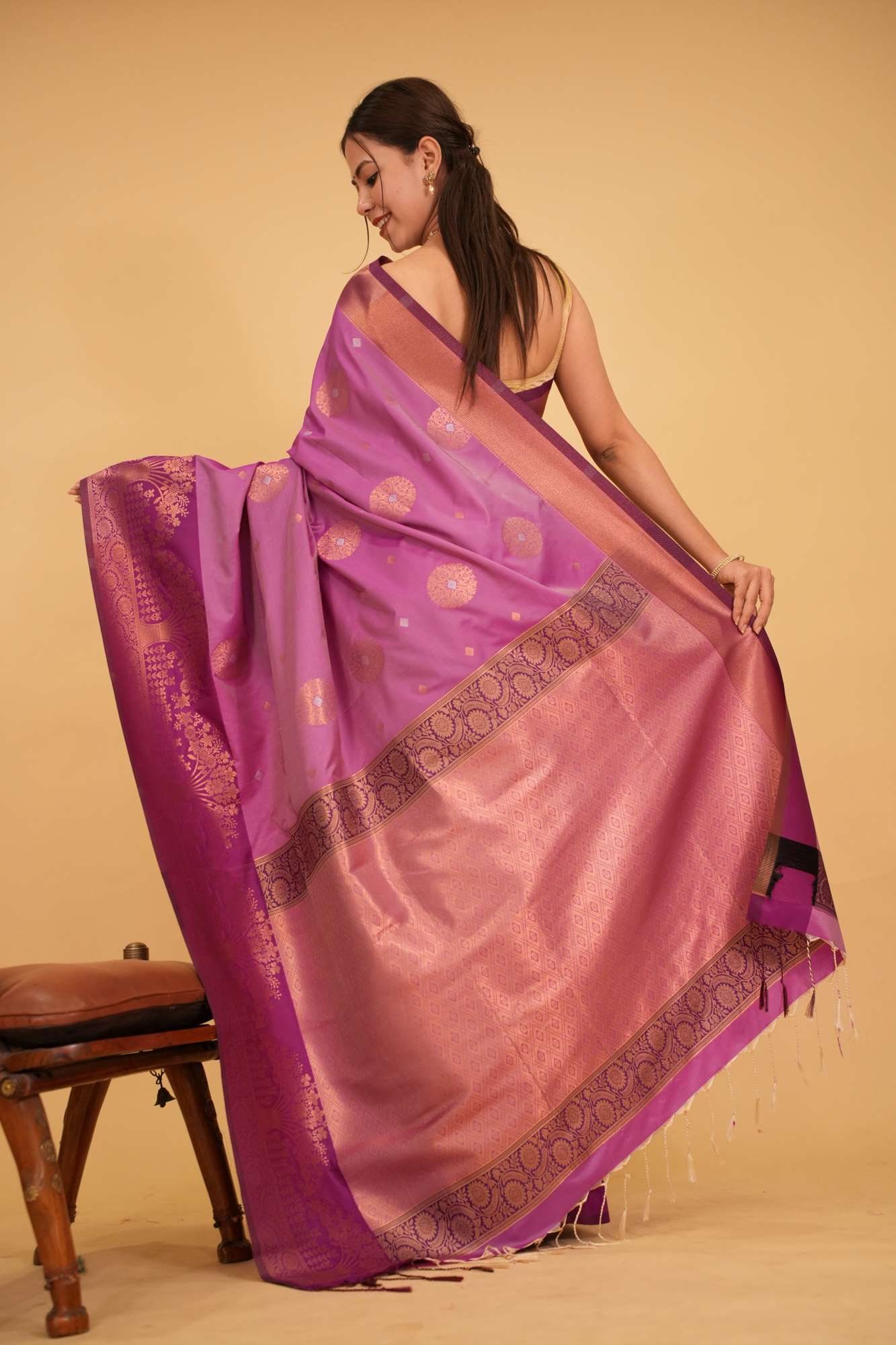 Lilac Semi Silk Saree with Alfi Zari Buttas and Copper Zari Border Ready To Wear Saree