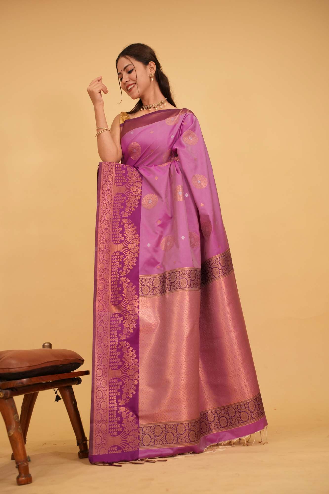 Lilac Semi Silk Saree with Alfi Zari Buttas and Copper Zari Border Ready To Wear Saree