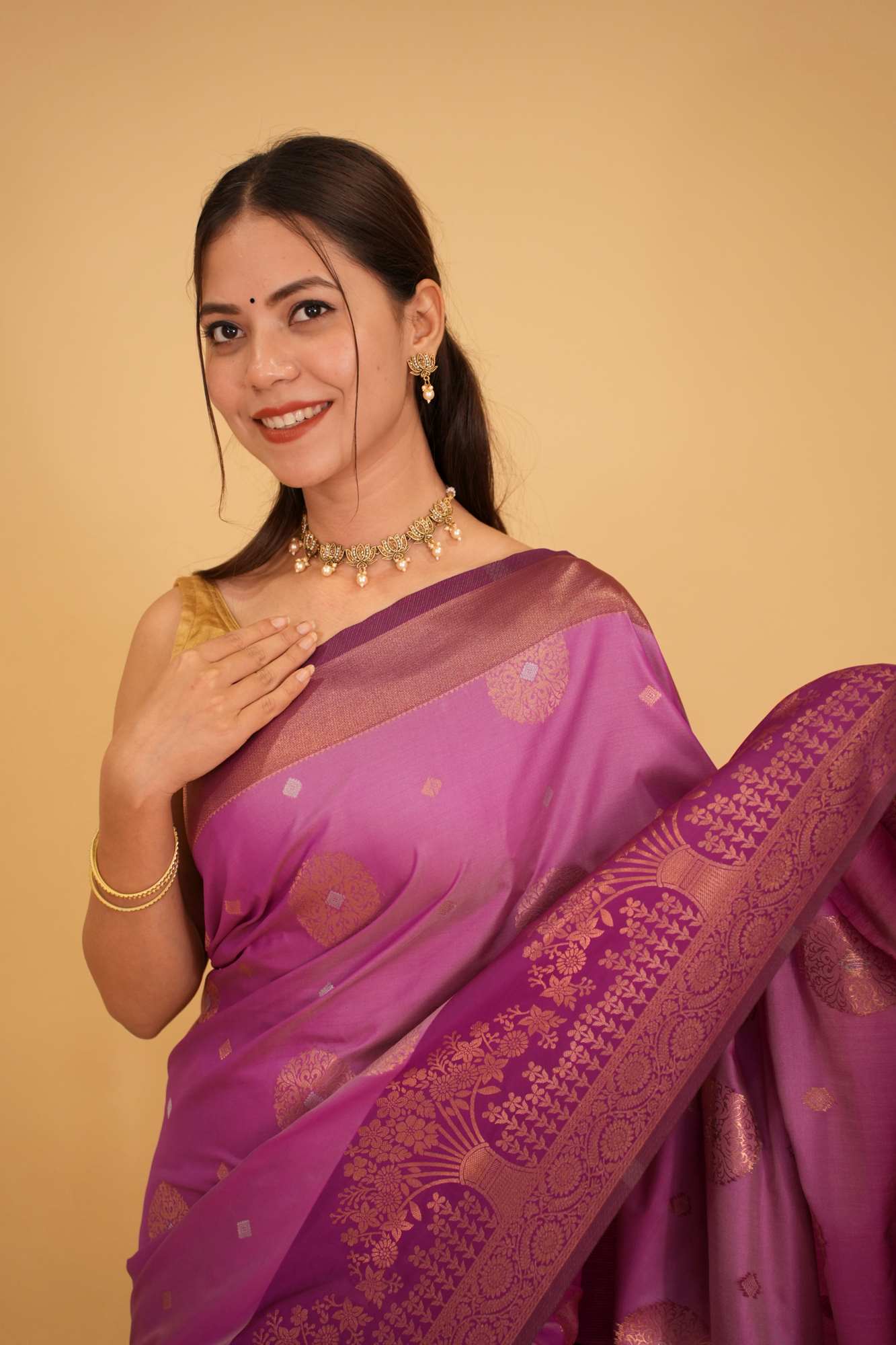 Lilac Semi Silk Saree with Alfi Zari Buttas and Copper Zari Border Ready To Wear Saree