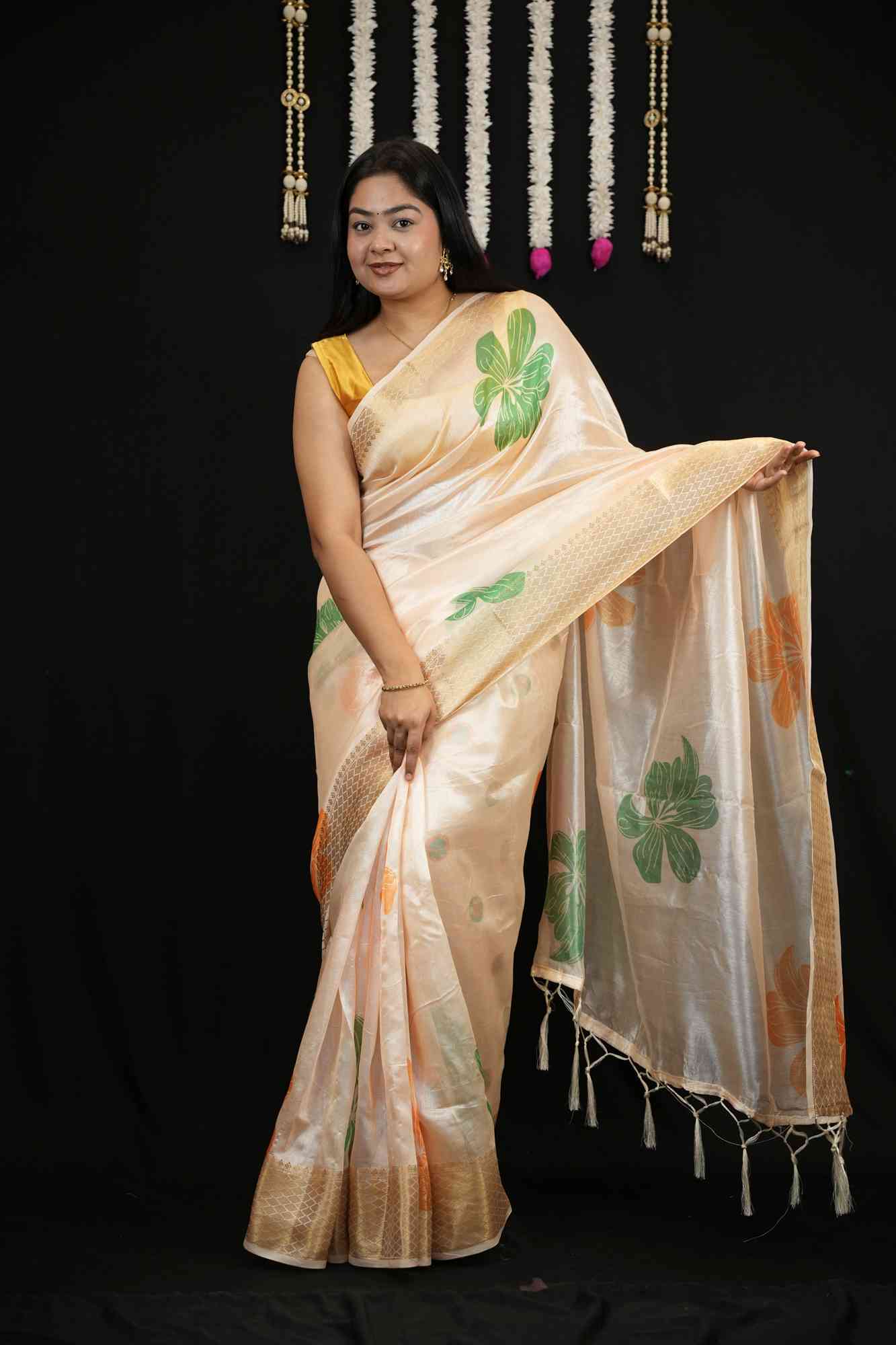 Elegant Floral Woven Tissue Silk Saree with Designer Border Ready To Wear Saree
