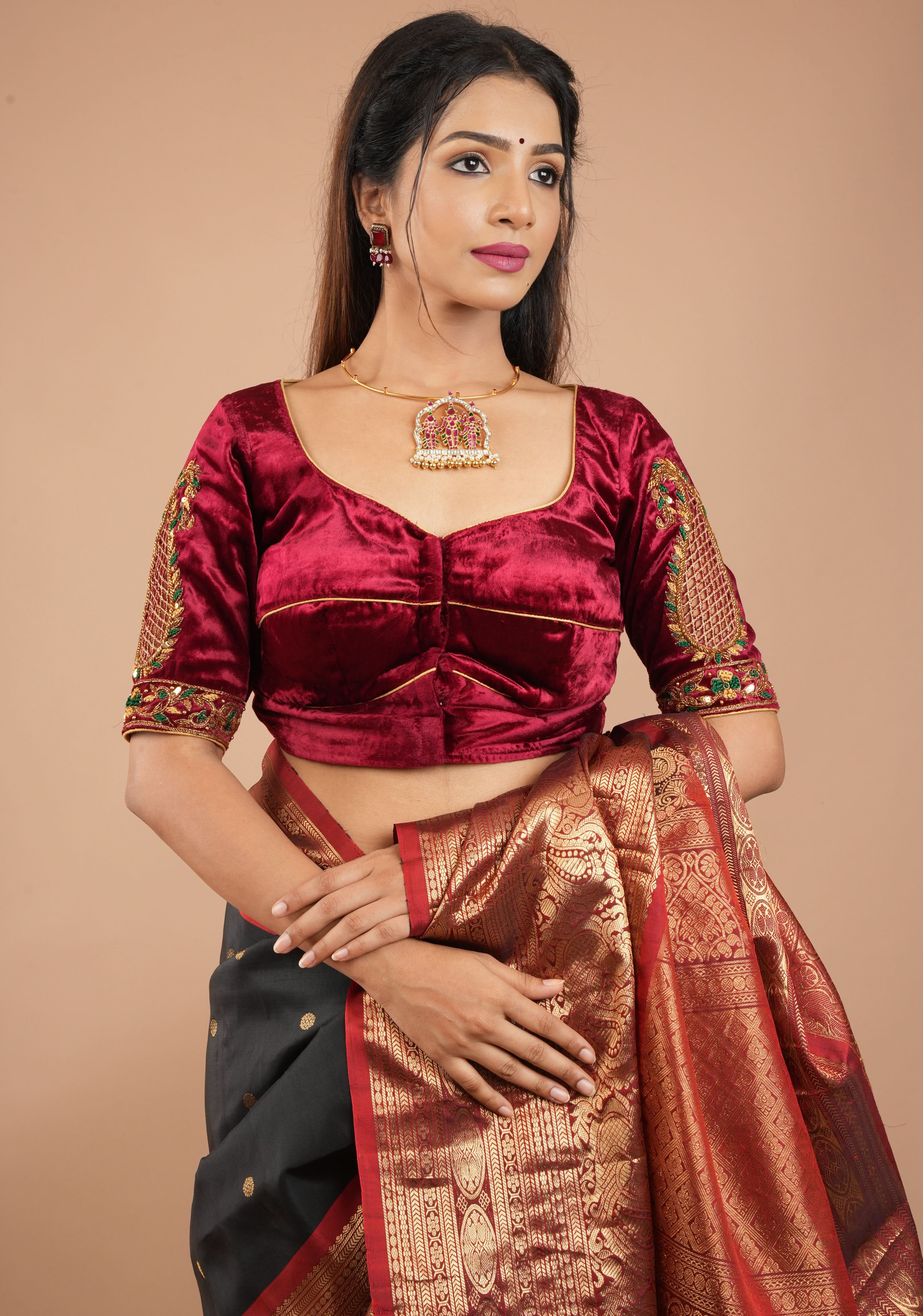 Exquisite Maroon Velvet Blouse with Handmade Cutwork and Zardosi and Meenakari, Customizable, Made to Order | Shobitam
