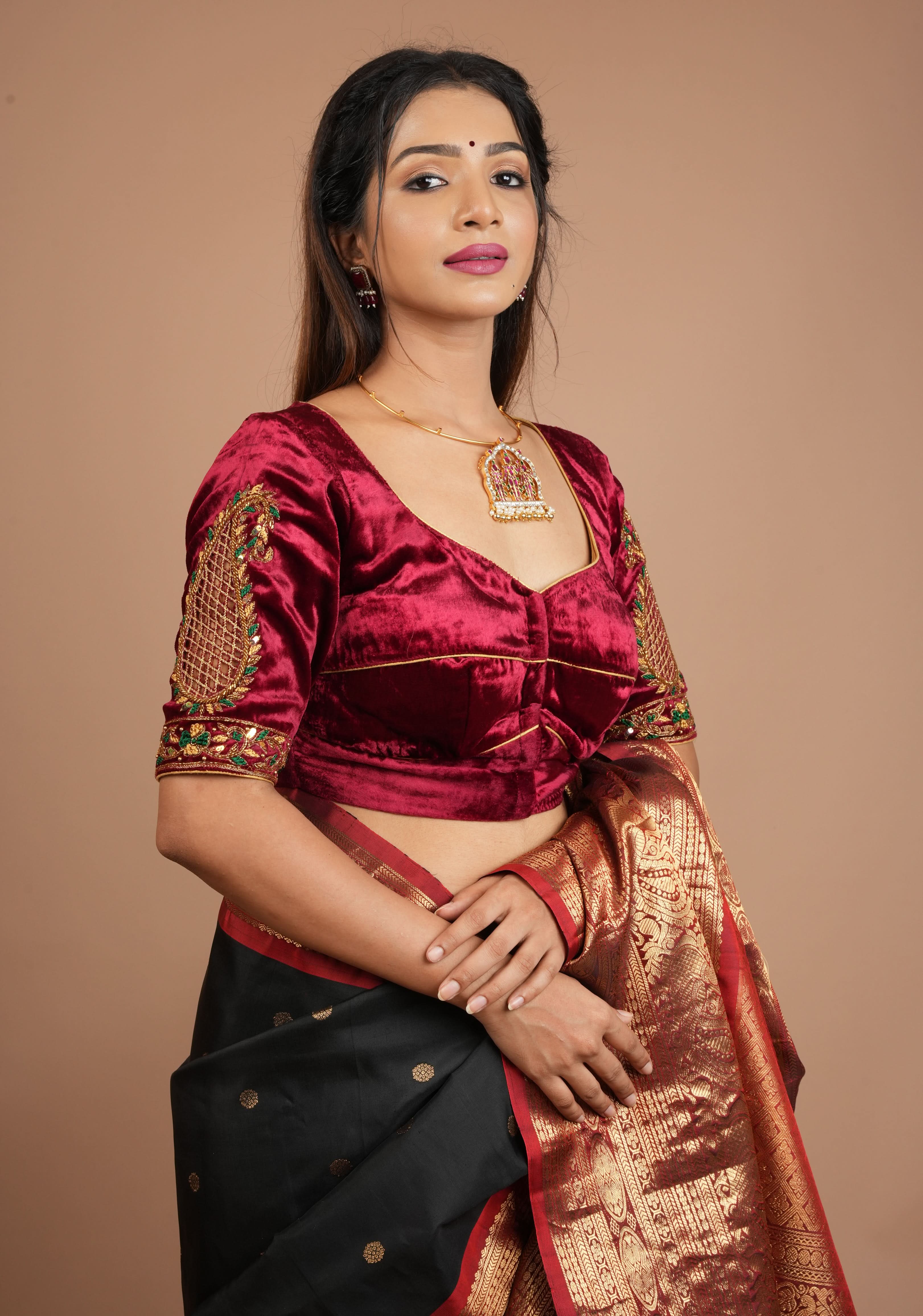 Exquisite Maroon Velvet Blouse with Handmade Cutwork and Zardosi and Meenakari, Customizable, Made to Order | Shobitam