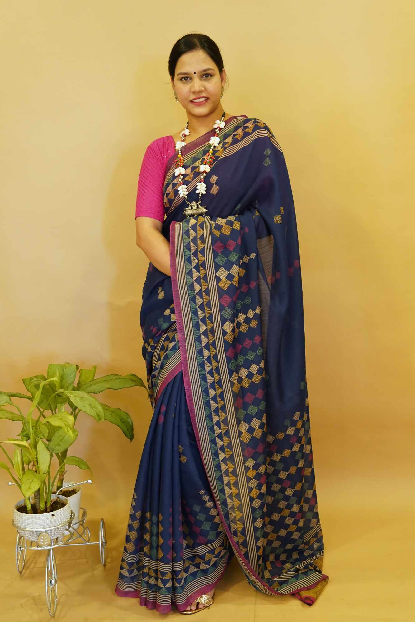Traditional Style Multi Colour Geometric Pattern Printed Soft Cotton Ready To Wear Saree