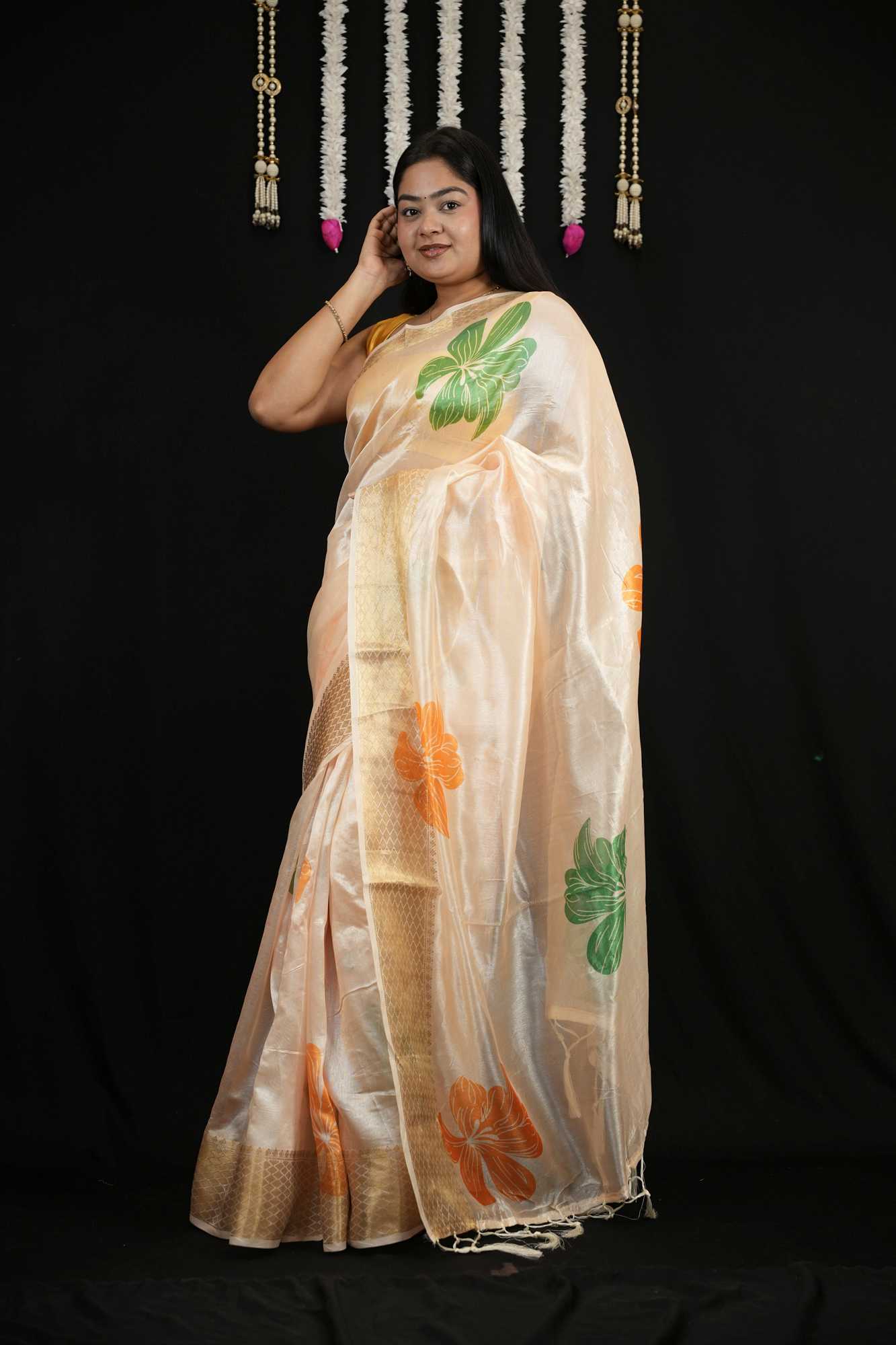 Elegant Floral Woven Tissue Silk Saree with Designer Border Ready To Wear Saree