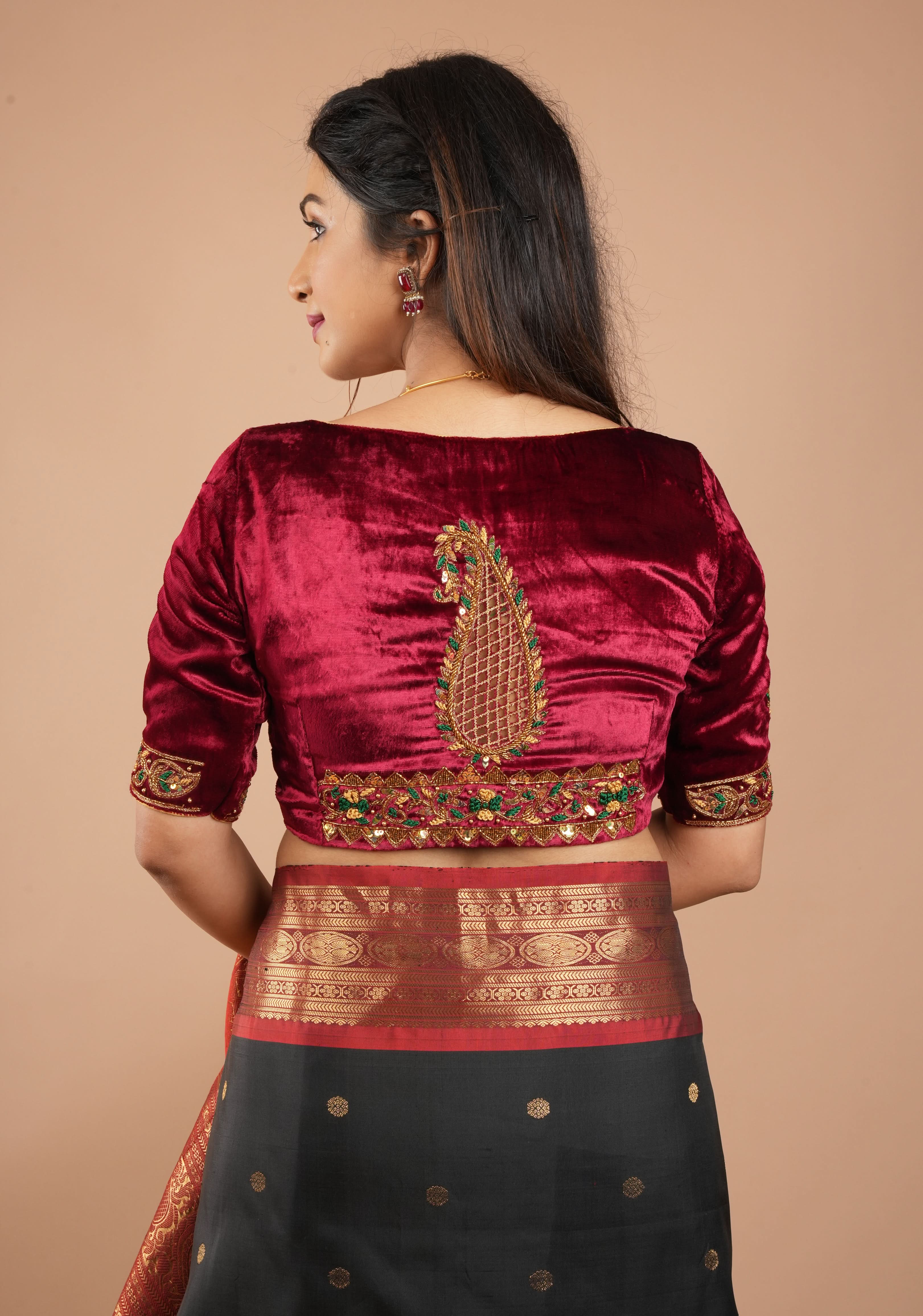 Exquisite Maroon Velvet Blouse with Handmade Cutwork and Zardosi and Meenakari, Customizable, Made to Order | Shobitam