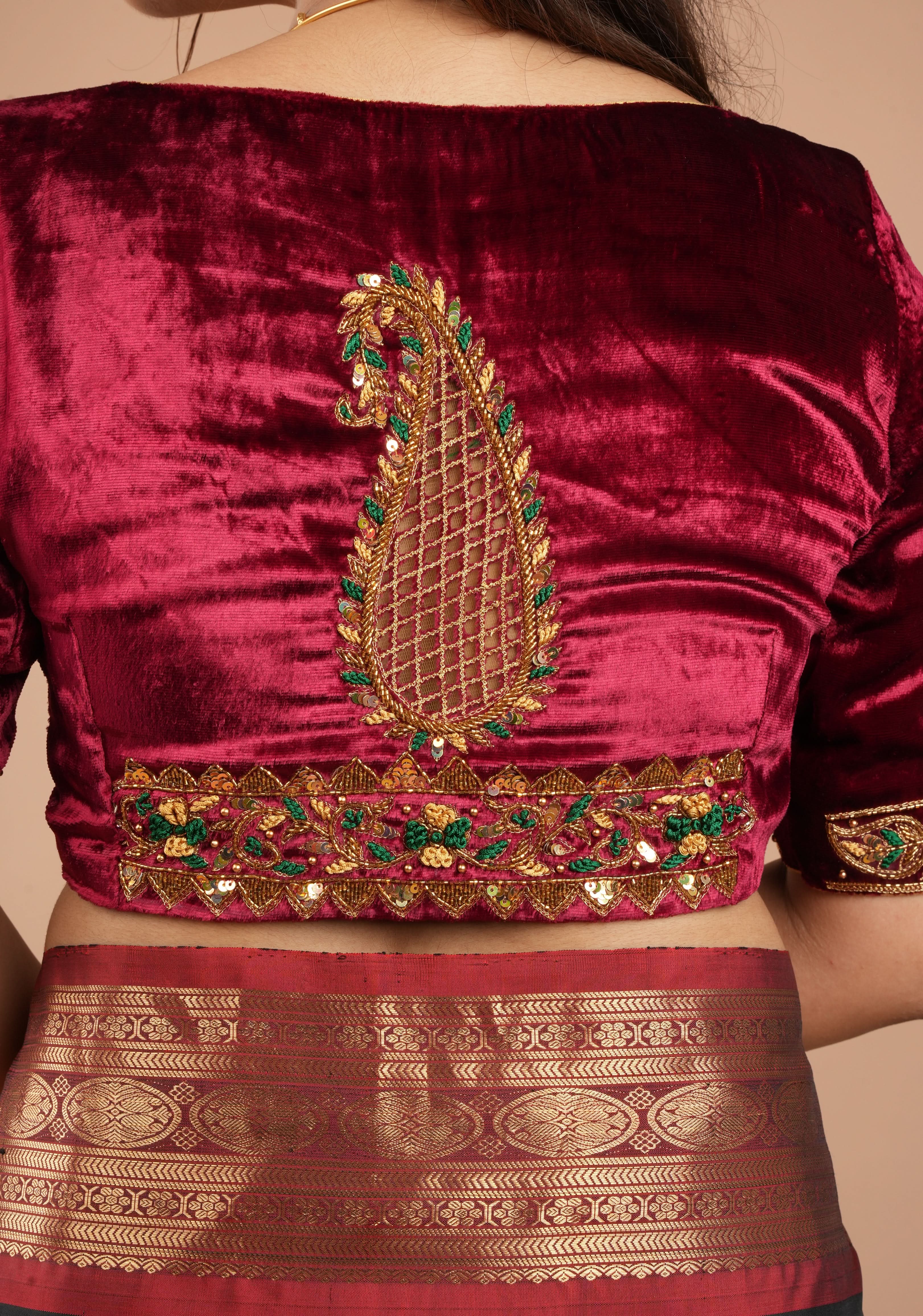 Exquisite Maroon Velvet Blouse with Handmade Cutwork and Zardosi and Meenakari, Customizable, Made to Order | Shobitam
