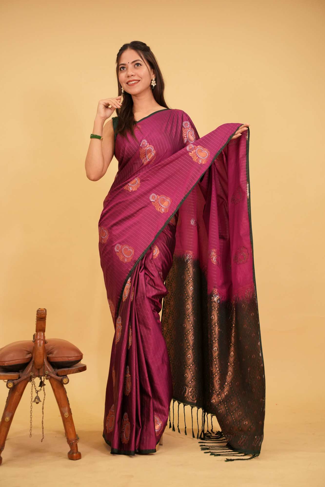 Copper Zari Stripes and Alfi Paisley Buttas Ready To Wear Saree