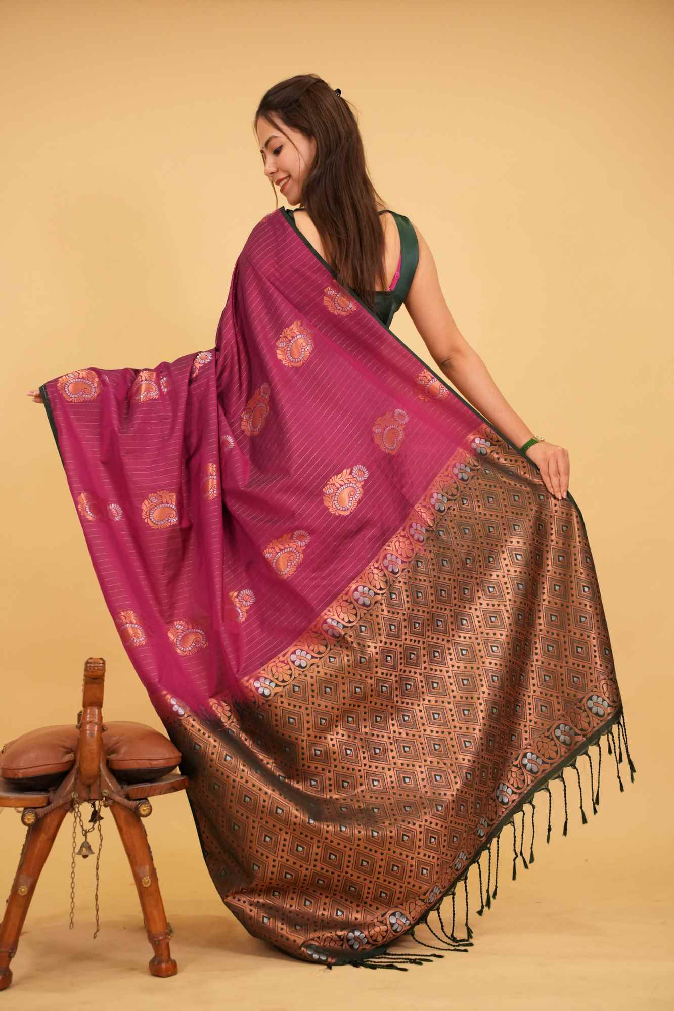 Copper Zari Stripes and Alfi Paisley Buttas Ready To Wear Saree