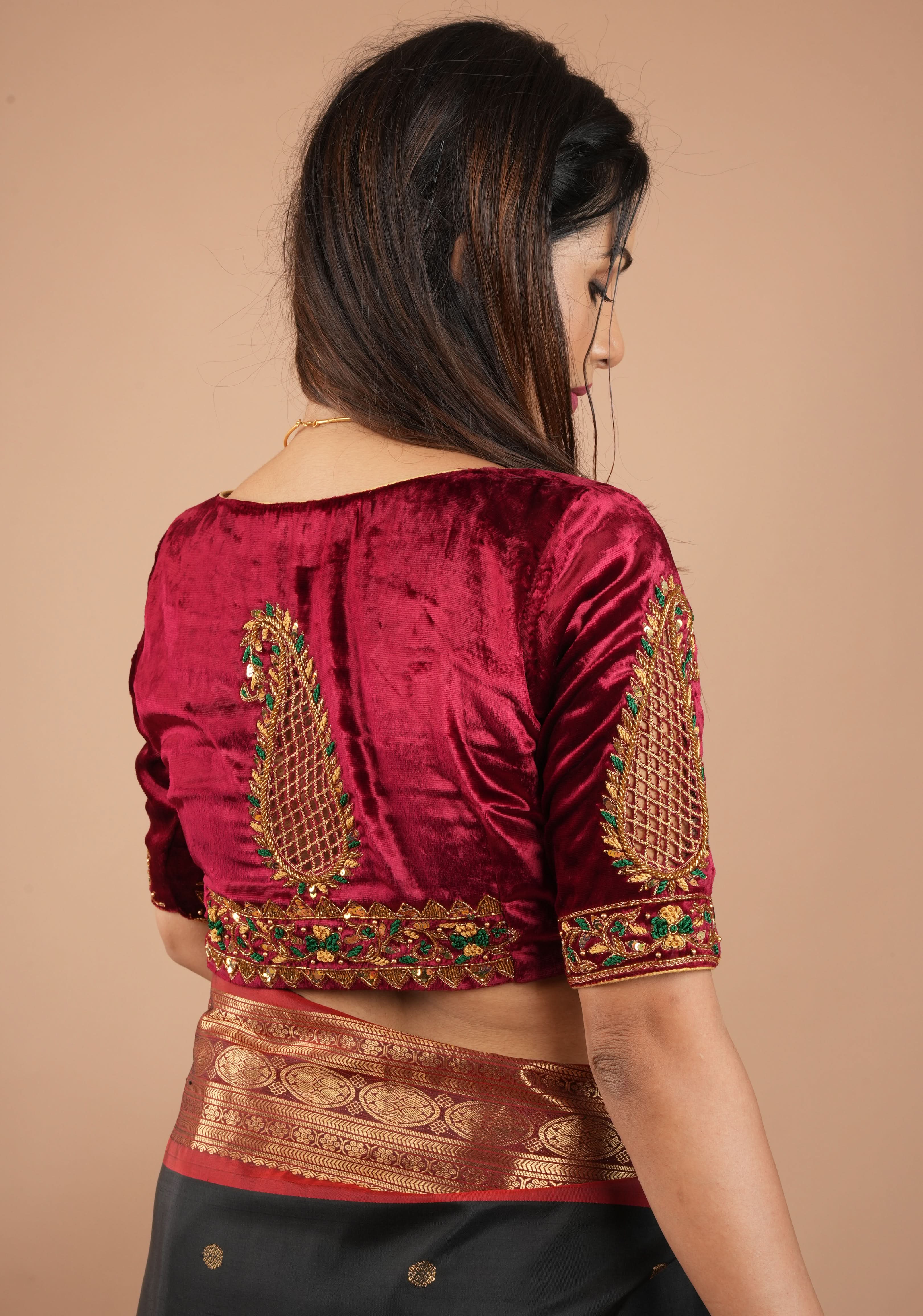 Exquisite Maroon Velvet Blouse with Handmade Cutwork and Zardosi and Meenakari, Customizable, Made to Order | Shobitam