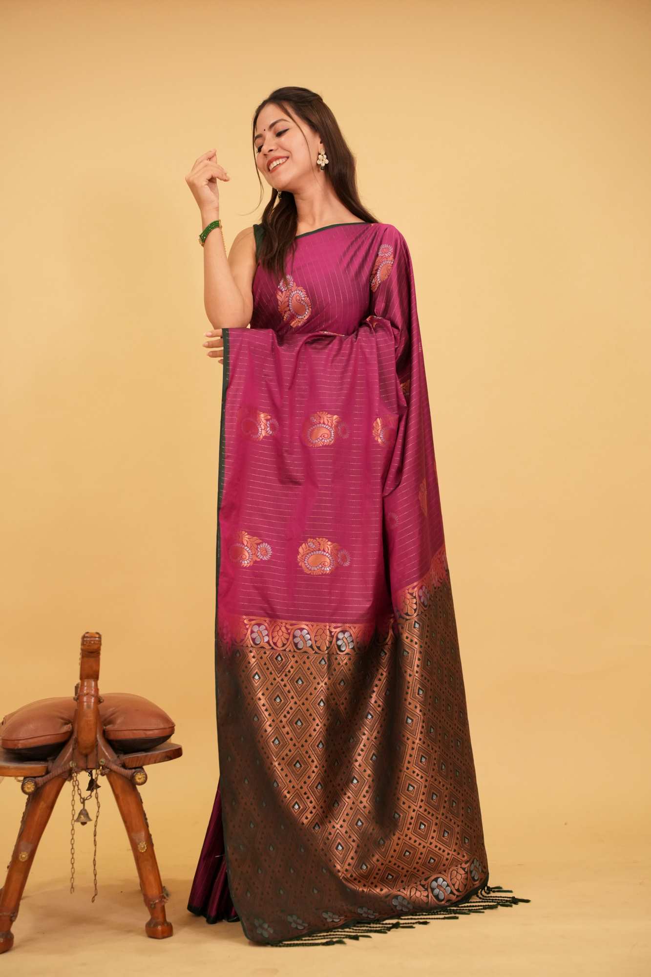 Copper Zari Stripes and Alfi Paisley Buttas Ready To Wear Saree