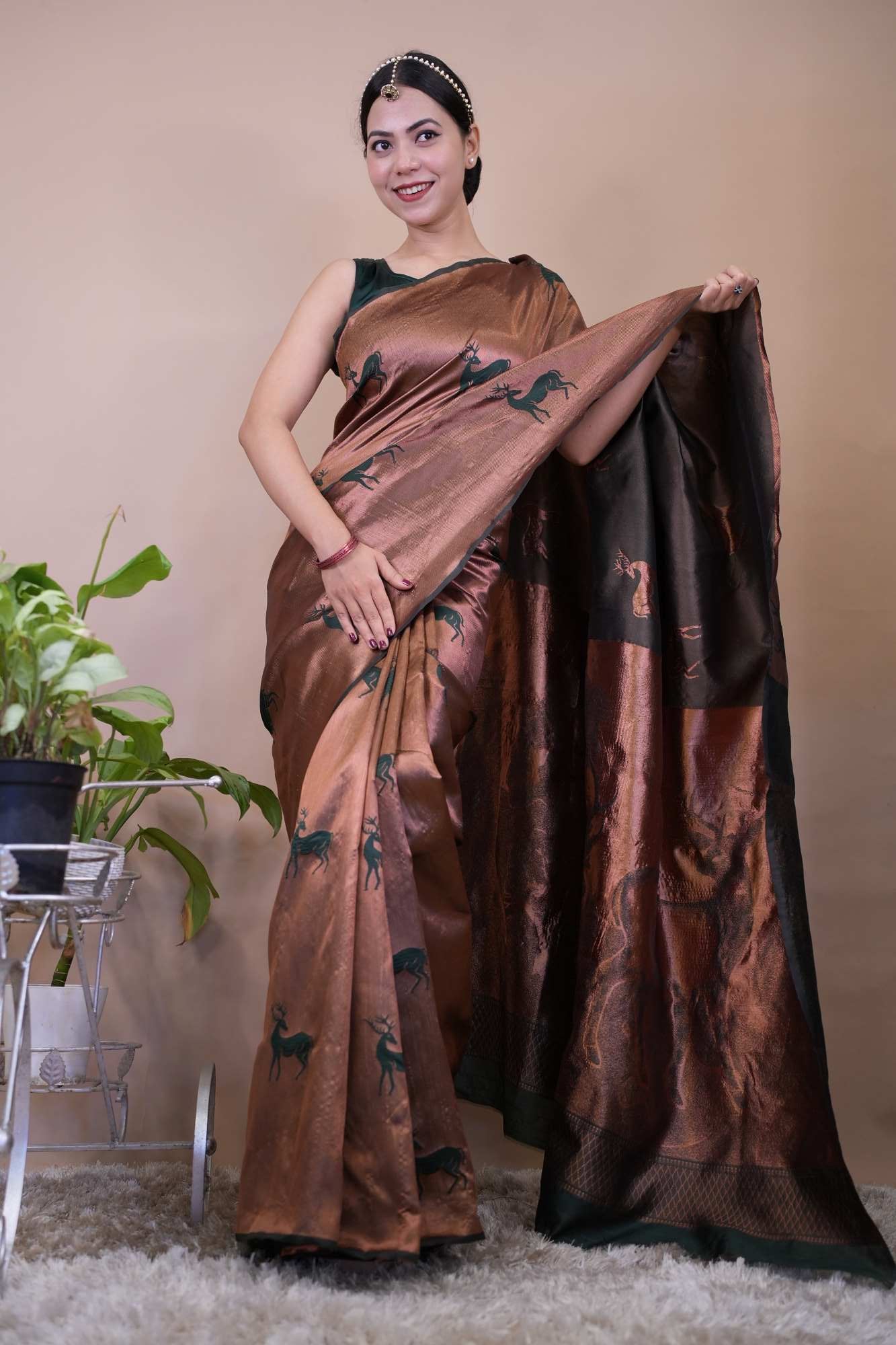 Traditional Pure Kanchipuram Pattu & peacock woven motifs Wrap in 1 minute saree