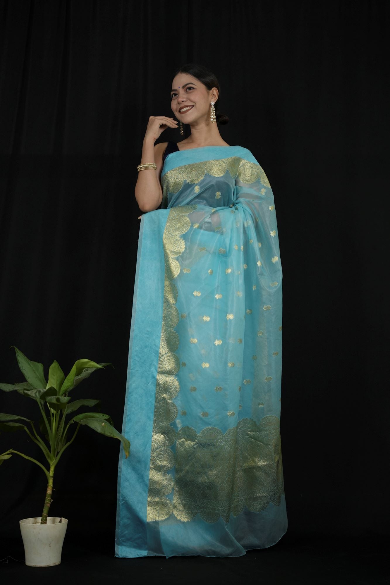 Organza Silk  Banarasi Inspired with Golden Zari Weaving Ready To Wear Saree