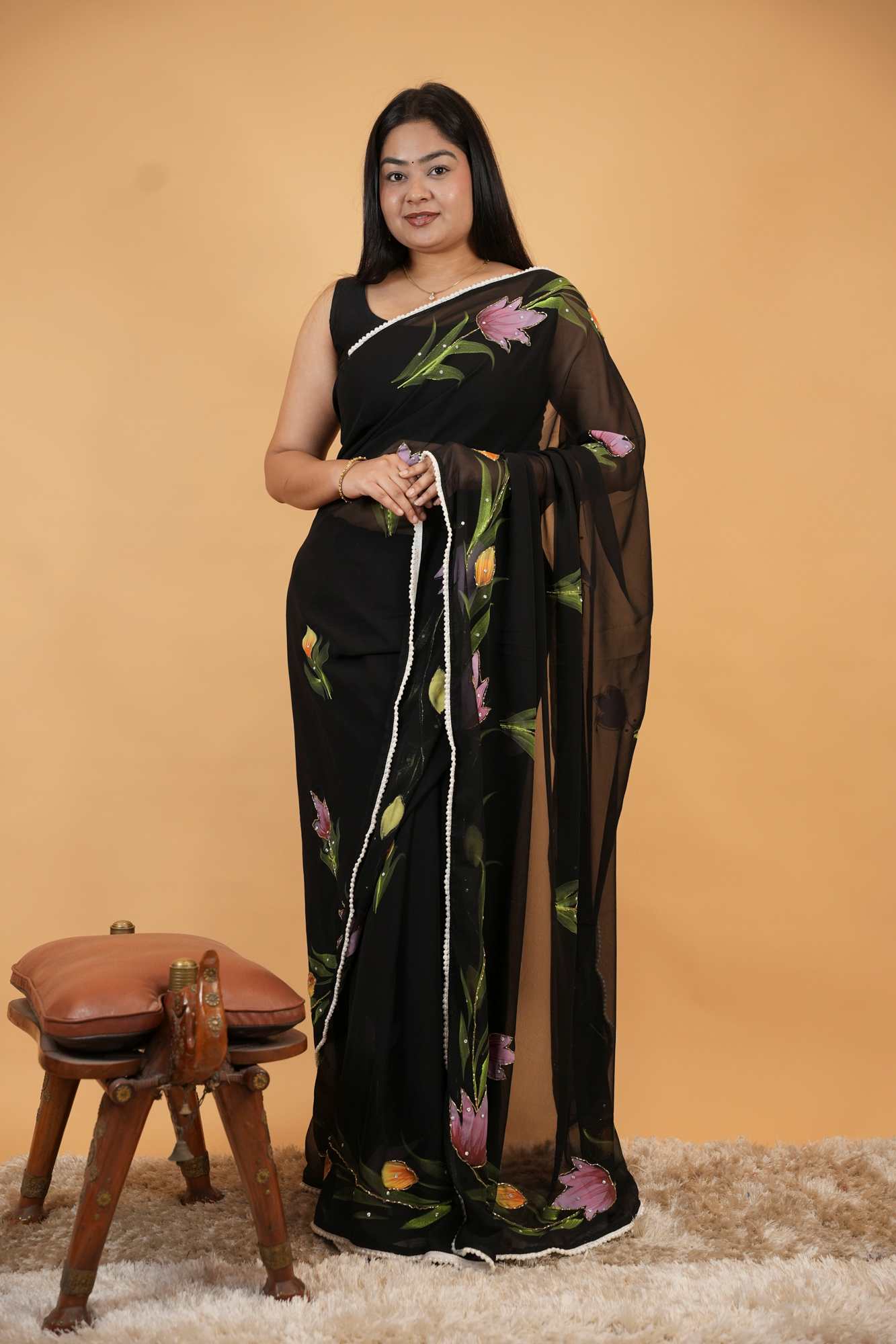 Elegant Floral Printed Sheer Saree with Lace Border Ready To Wear Saree
