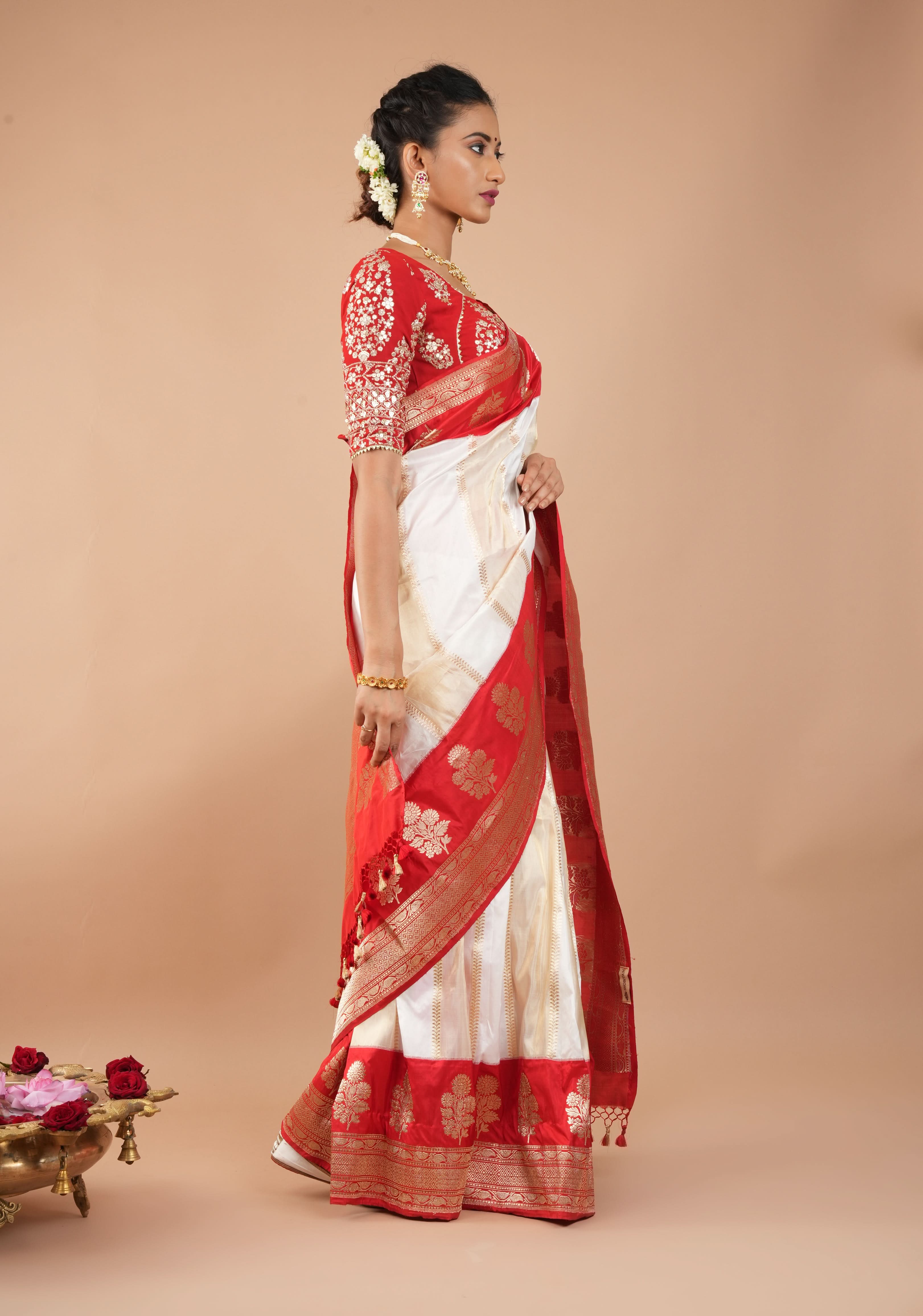 Unique Design White Dual tone Jharoka Pattern Pure Katan Silk saree with Contrast Zari borders | SILK MARK CERTIFIED | SHOBITAM