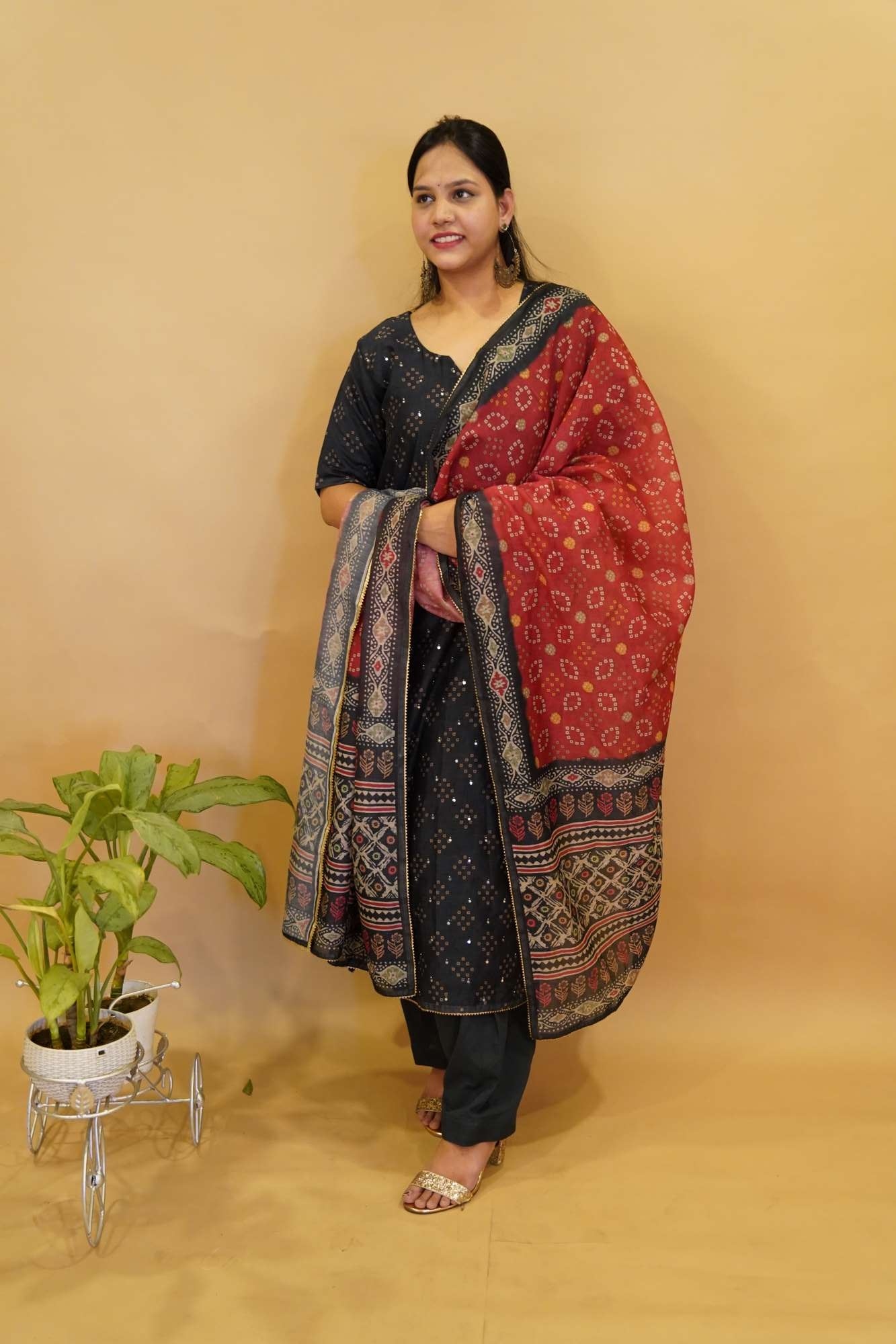 Traditional  Style Black & Red  Block PrintedWith  Dupatta & Salwar Kameez Premium Cotton Silk