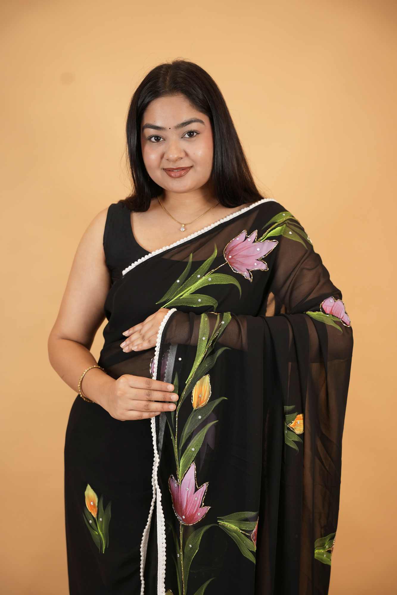 Elegant Floral Printed Sheer Saree with Lace Border Ready To Wear Saree