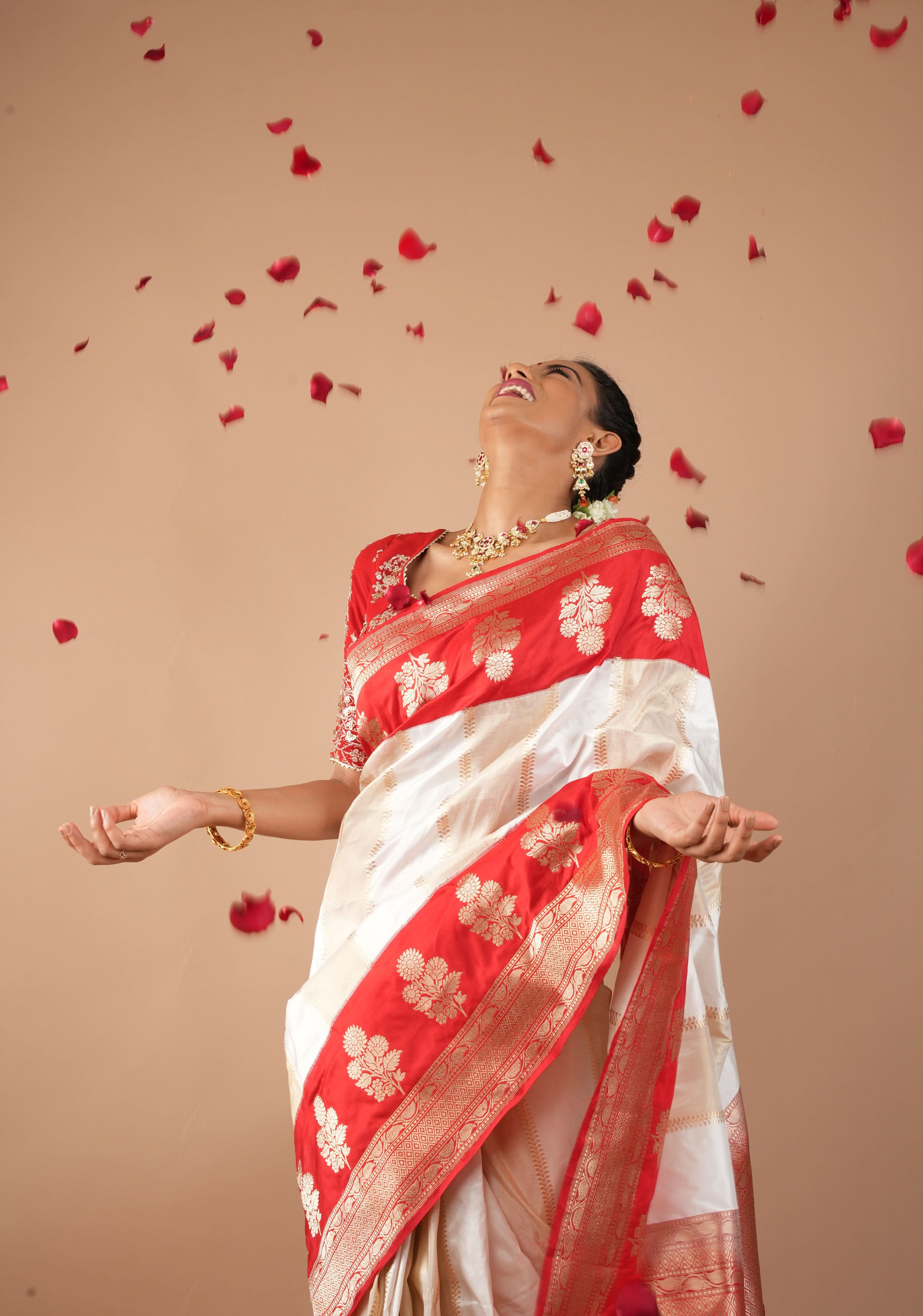 Unique Design White Dual tone Jharoka Pattern Pure Katan Silk saree with Contrast Zari borders | SILK MARK CERTIFIED | SHOBITAM