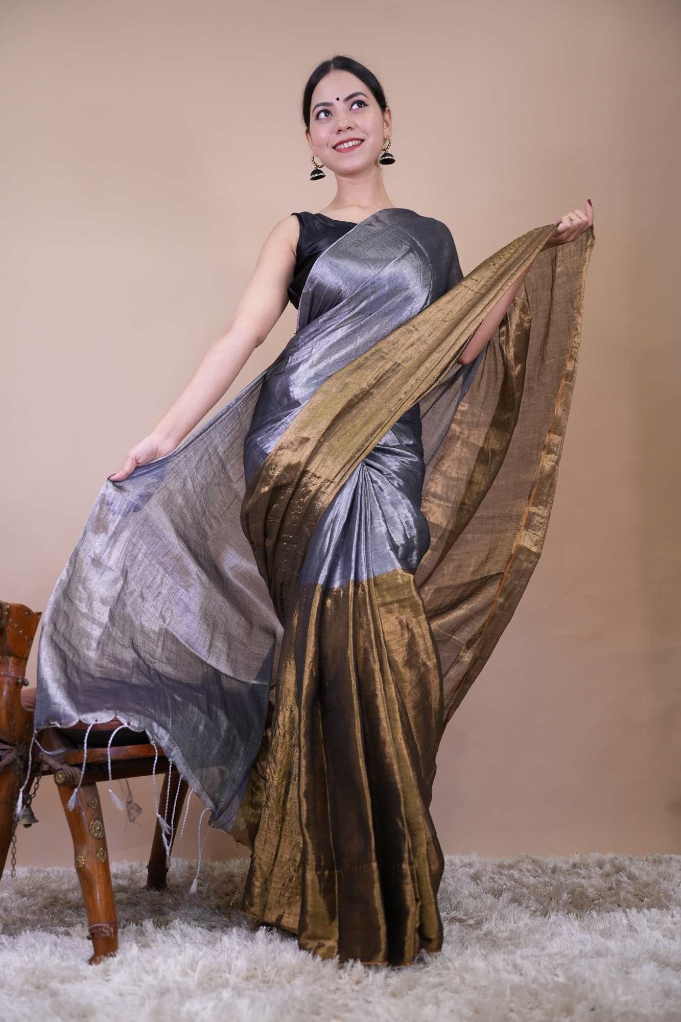 Traditonal Pure Raga Tissue Silver Handweave With Golden Broad Bordered Pre Pleated Saree