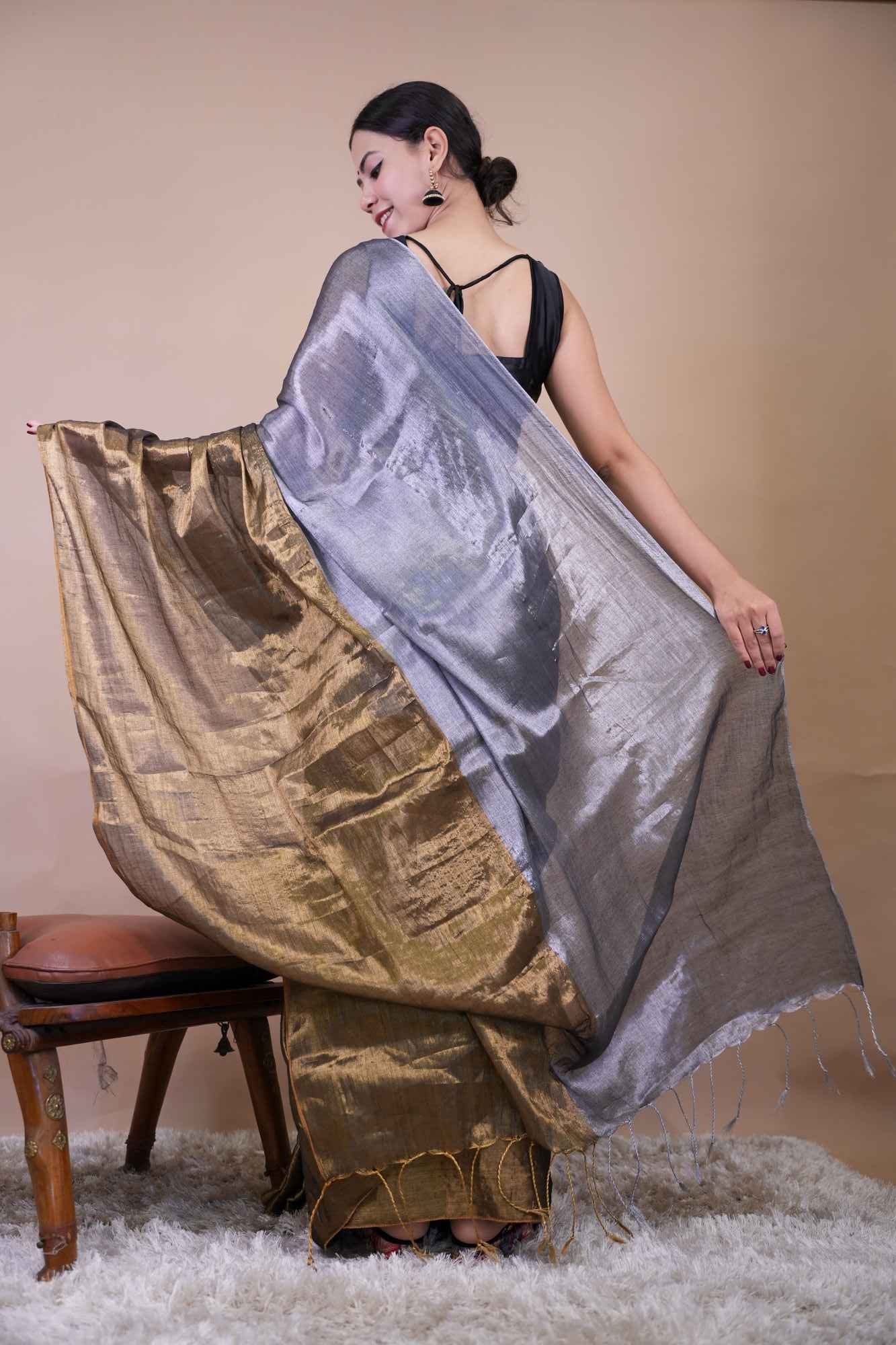 Traditonal Pure Raga Tissue Silver Handweave With Golden Broad Bordered Pre Pleated Saree