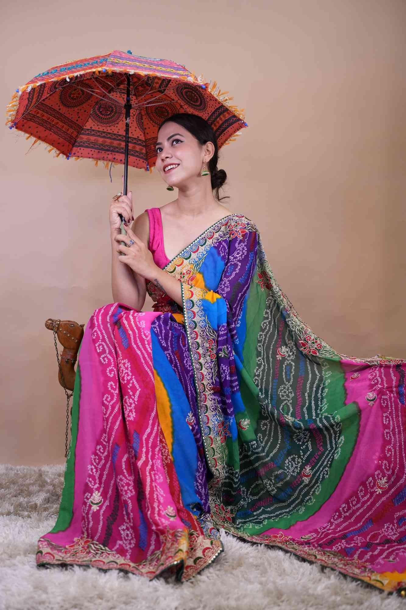 Beautiful Multicolor Bandhej Print Georgette & Gota Patti Bordered With Tassels On Palla Pre Drape Saree