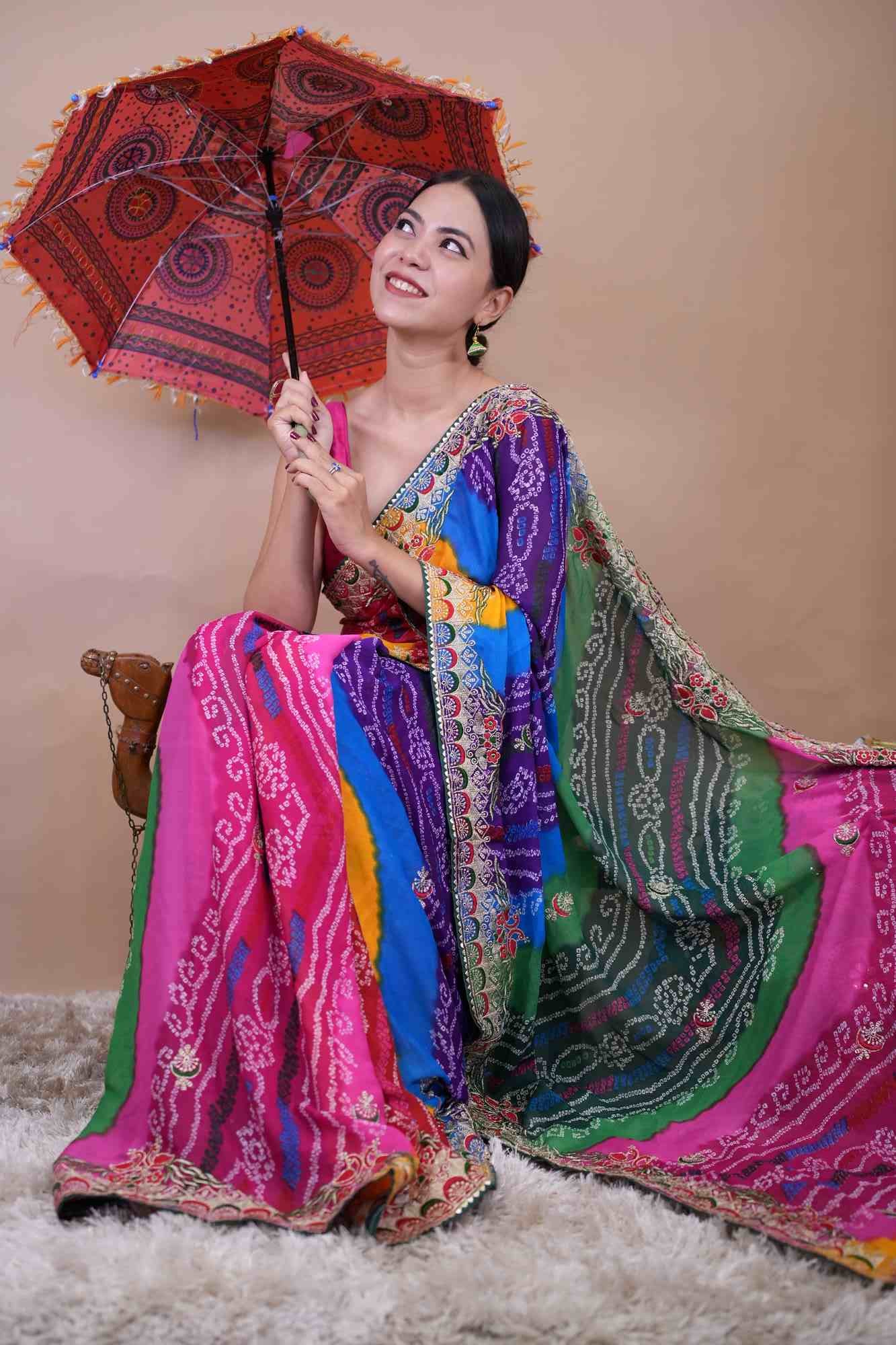 Beautiful Multicolor Bandhej Print Georgette & Gota Patti Bordered With Tassels On Palla Pre Drape Saree