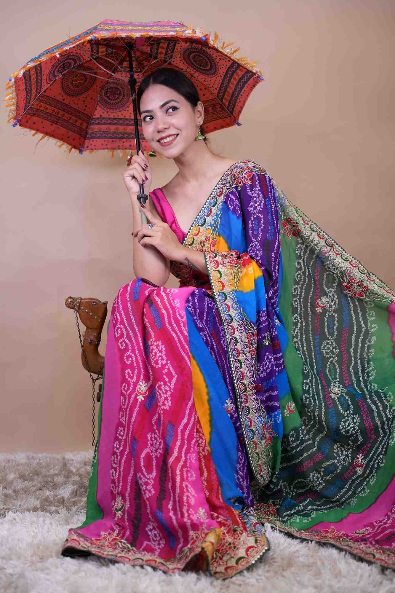 Beautiful Multicolor Bandhej Print Georgette & Gota Patti Bordered With Tassels On Palla Pre Drape Saree