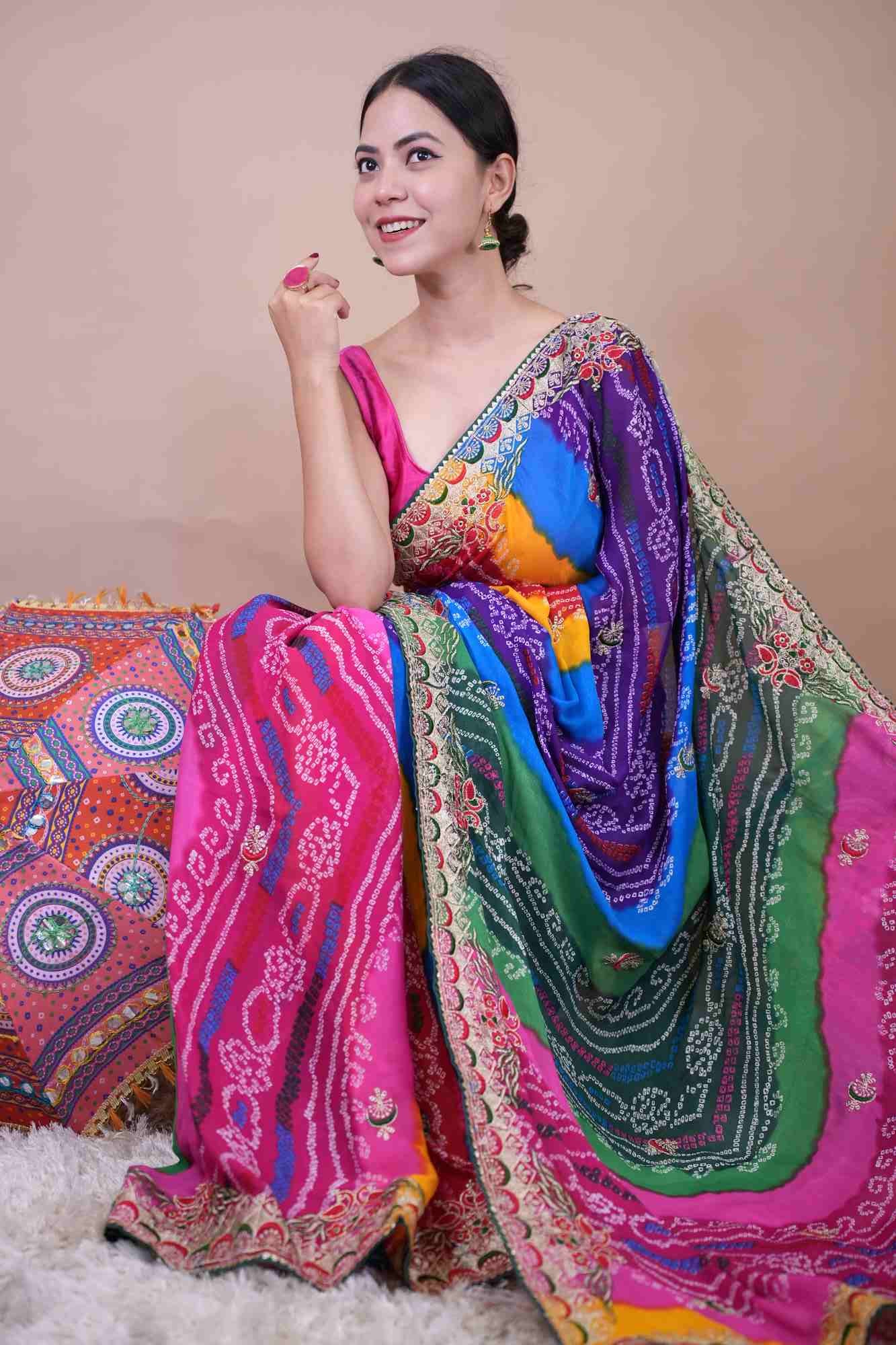 Beautiful Multicolor Bandhej Print Georgette & Gota Patti Bordered With Tassels On Palla Pre Drape Saree