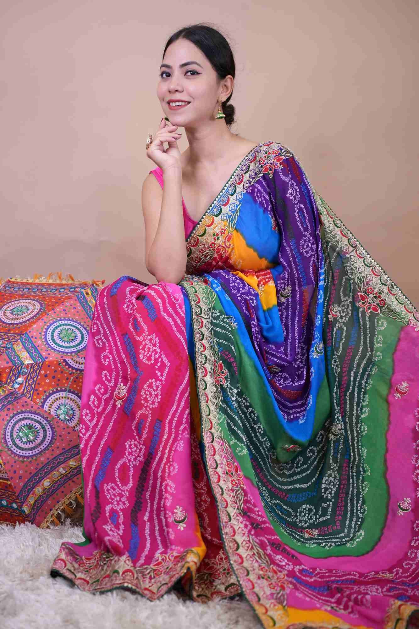 Beautiful Multicolor Bandhej Print Georgette & Gota Patti Bordered With Tassels On Palla Pre Drape Saree