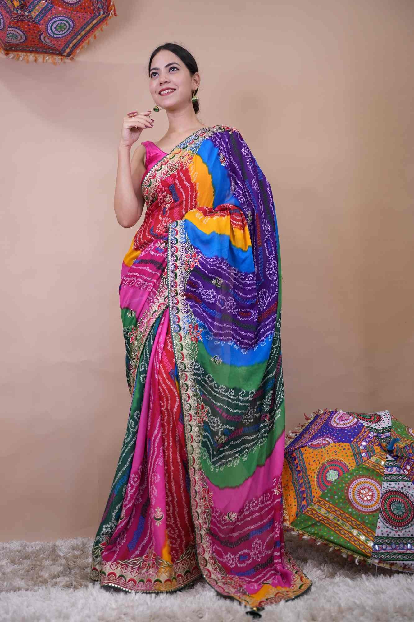 Beautiful Multicolor Bandhej Print Georgette & Gota Patti Bordered With Tassels On Palla Pre Drape Saree