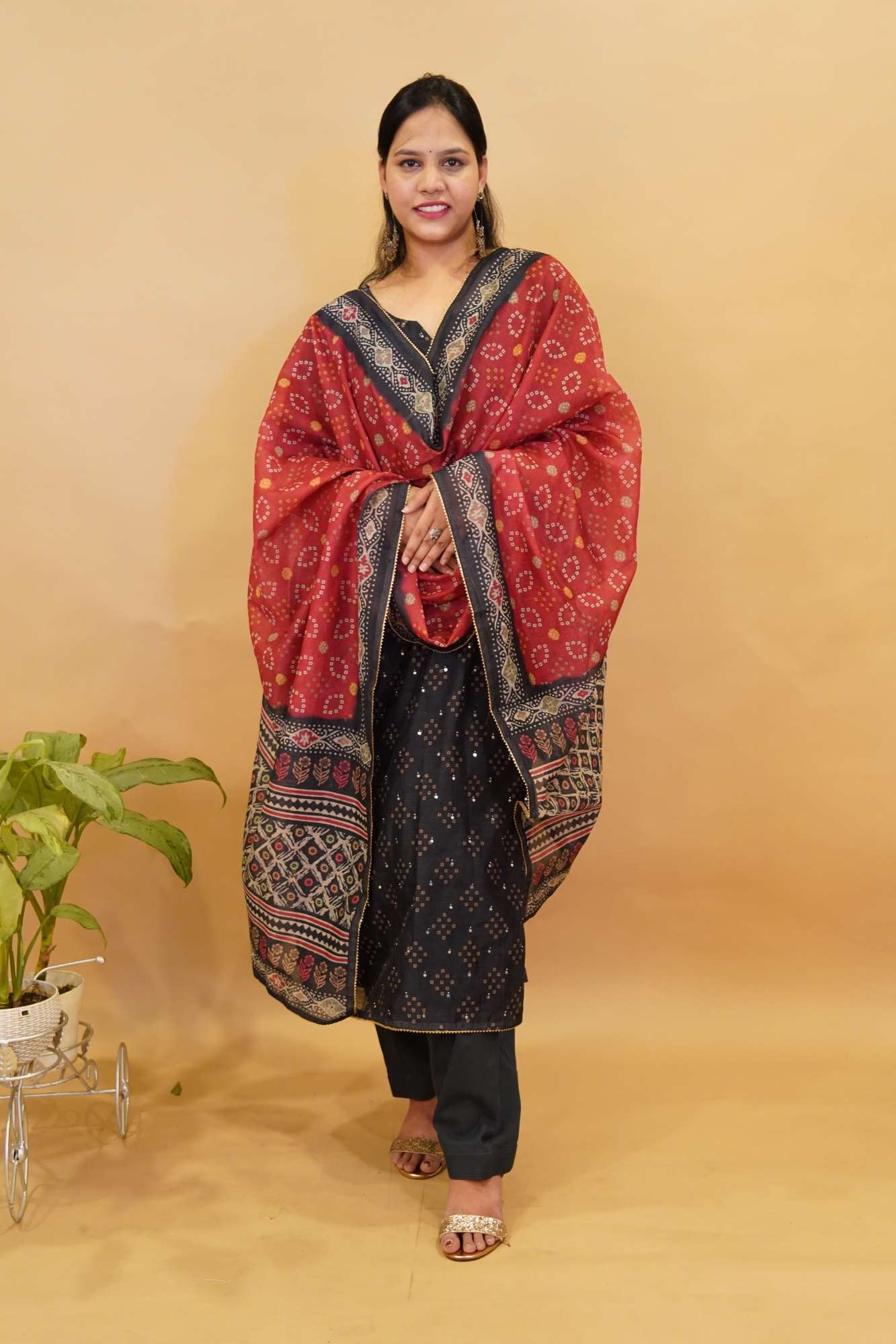 Traditional  Style Black & Red  Block PrintedWith  Dupatta & Salwar Kameez Premium Cotton Silk