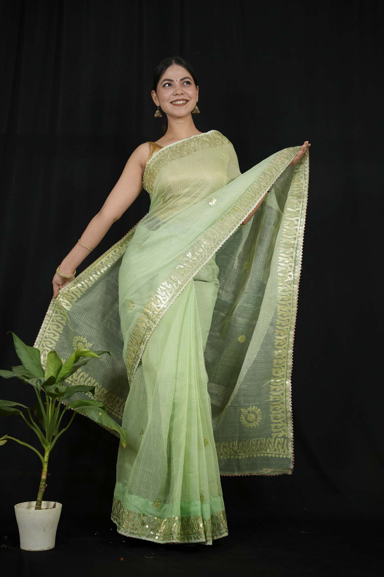 Gorgeous Green Kota Doriya Cotton with Thread Embroidery & beautiful Rajasthani Gota Patti  Wrap in 1 minute Saree