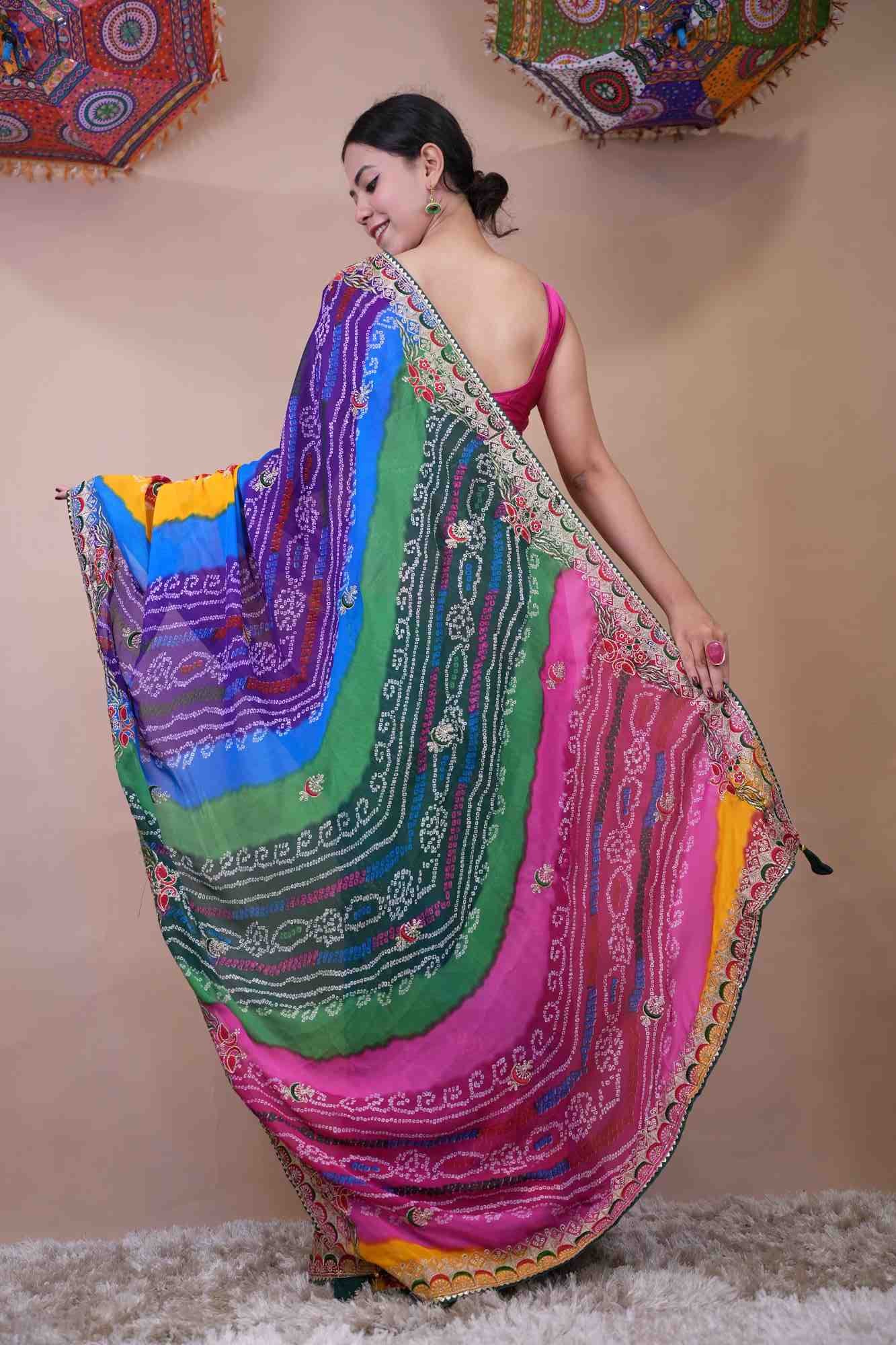 Beautiful Multicolor Bandhej Print Georgette & Gota Patti Bordered With Tassels On Palla Pre Drape Saree